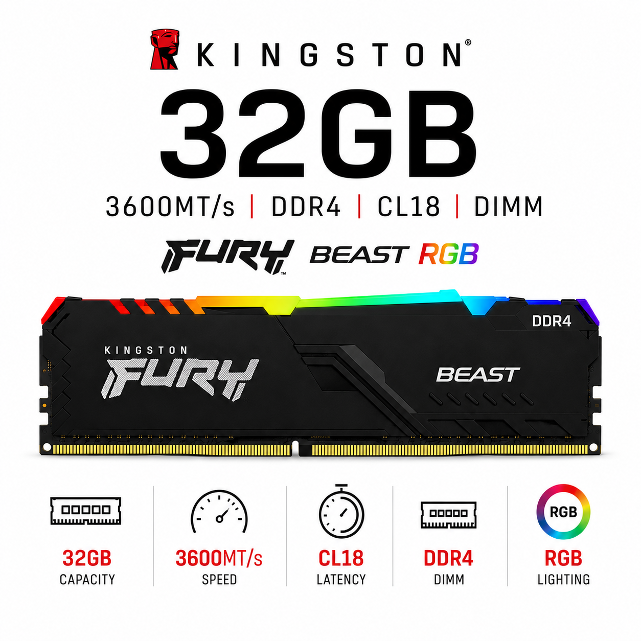 KINGSTON 32GB 3600MT/s DDR4 CL18 DIMM FURY Beast RGB (KF436C18BBA/32)