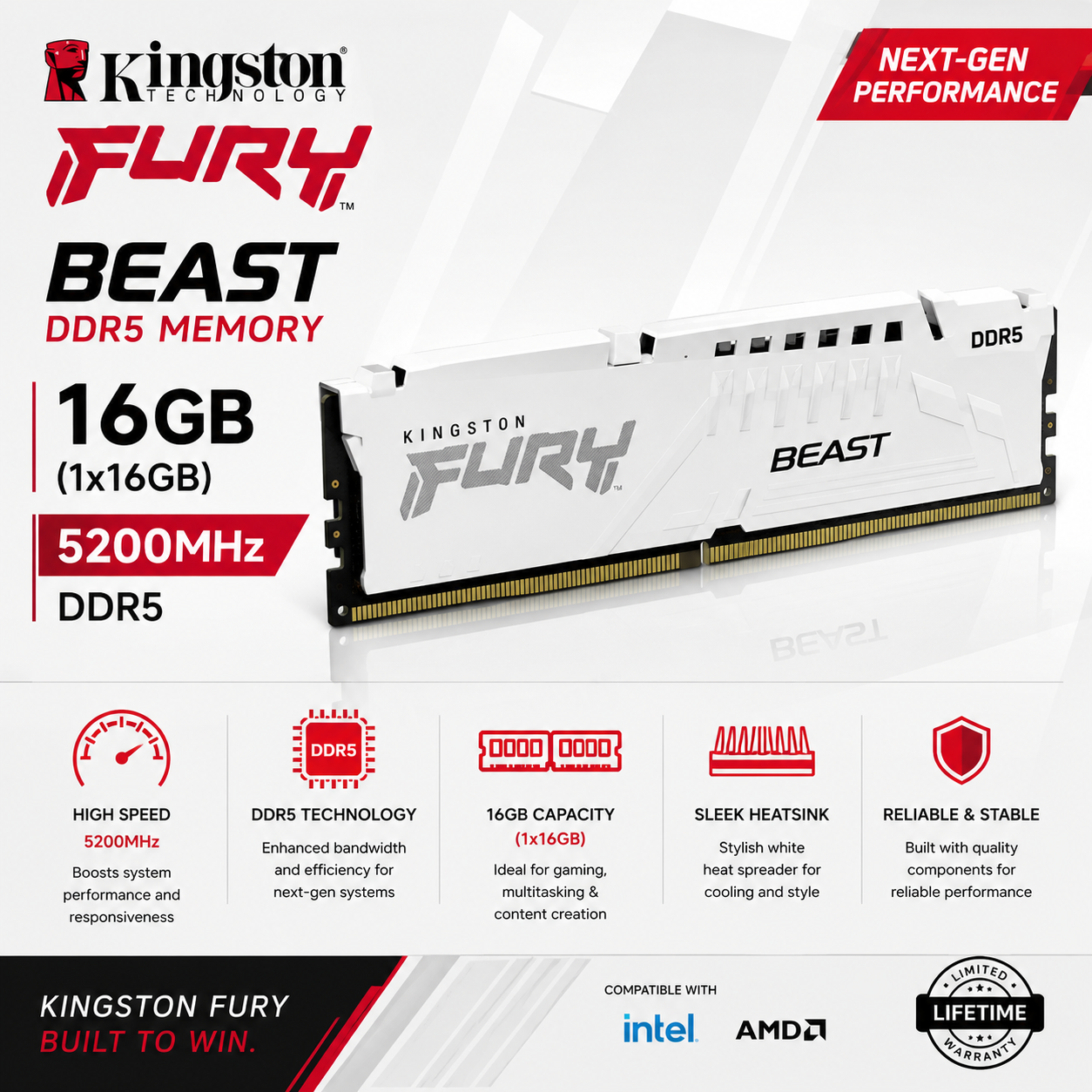 KINGSTON FURY BEAST 16GB (1x16GB) 5200MHz DDR5 - White (KF552C36BWE-16)