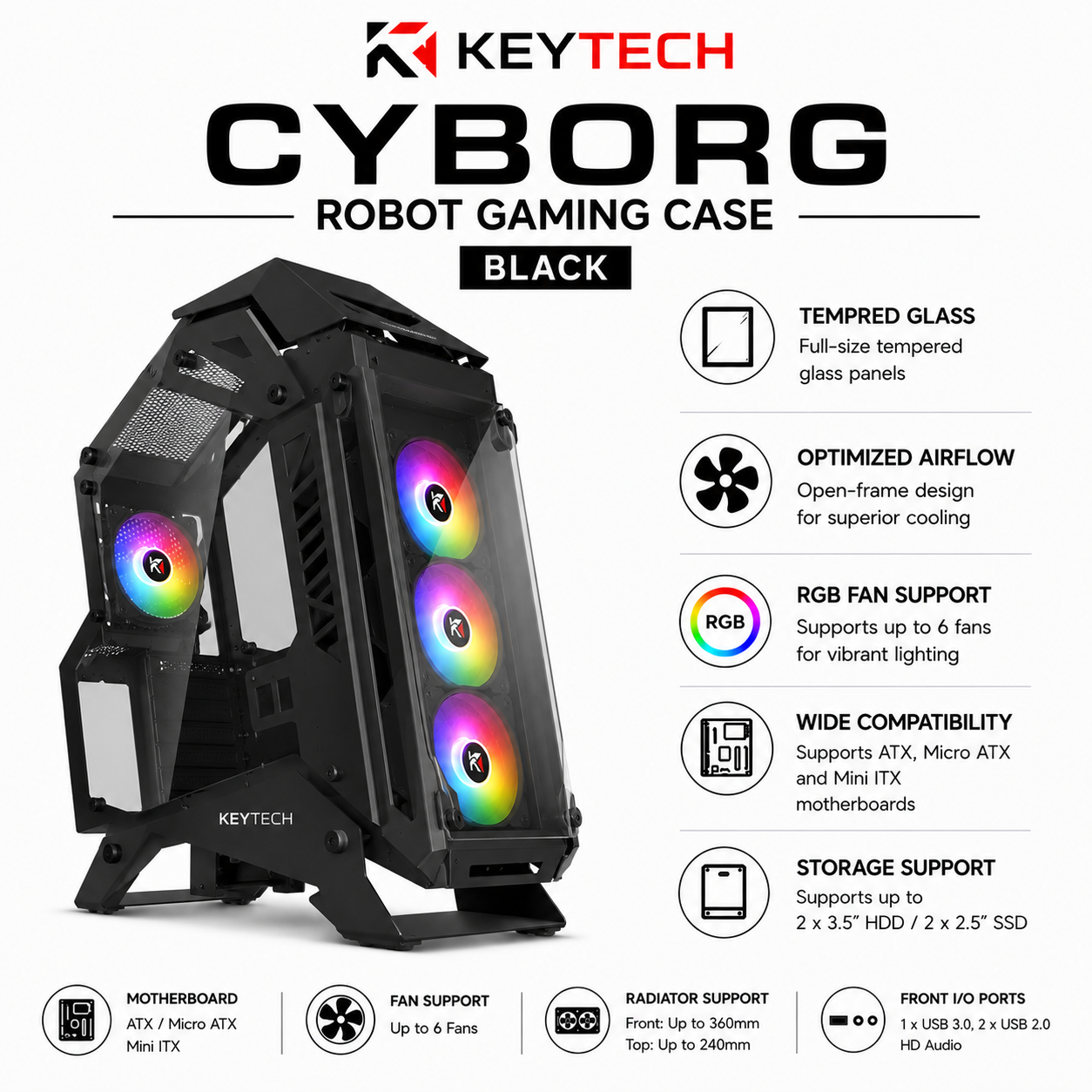Keytech Cyborg Robot Gaming Case - Black (CYBORG-ROBOT-BLACK)