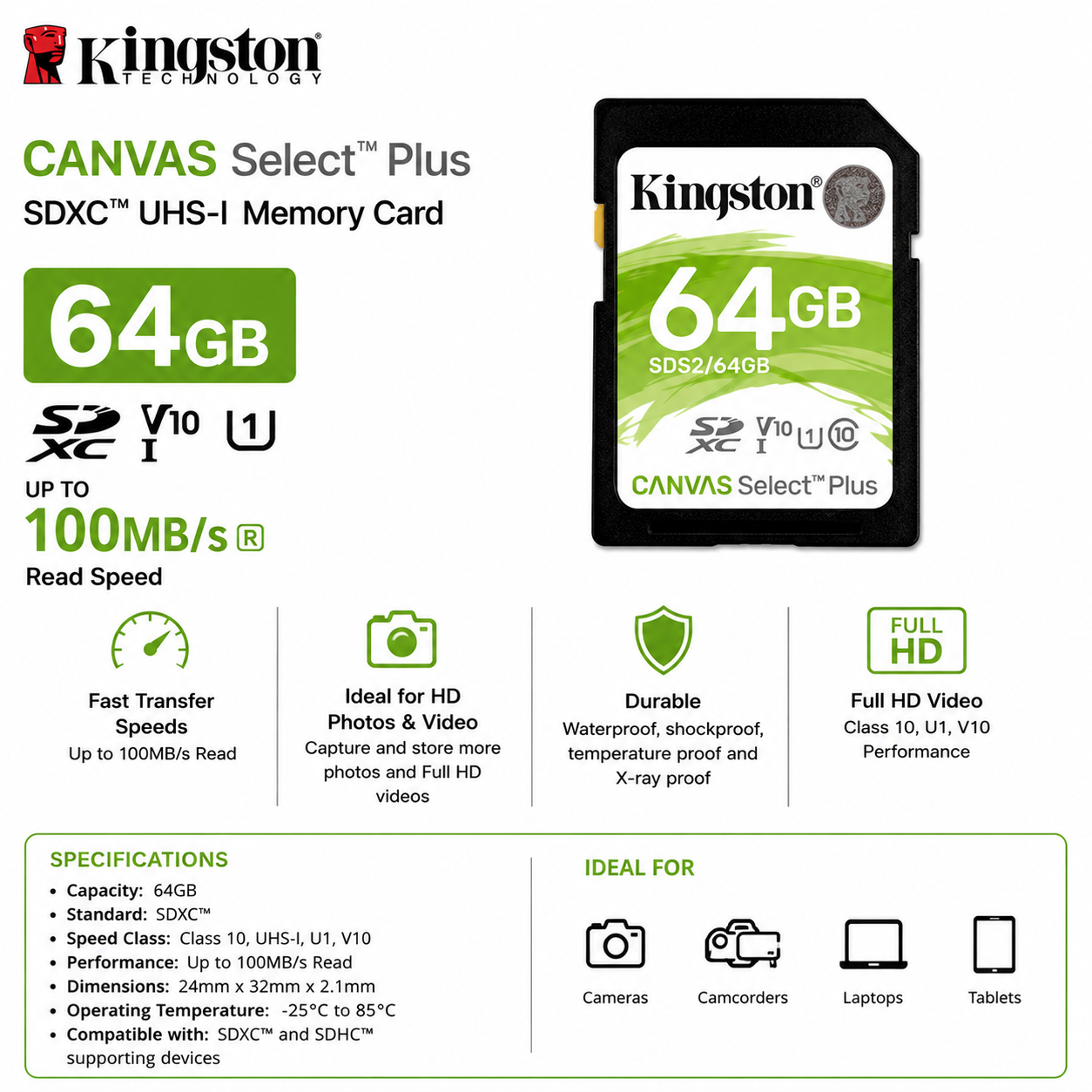 Kingston Canvas Select Plus 64GB Secure Digital Extended Capacity (SDXC) (SDS2/64GB)