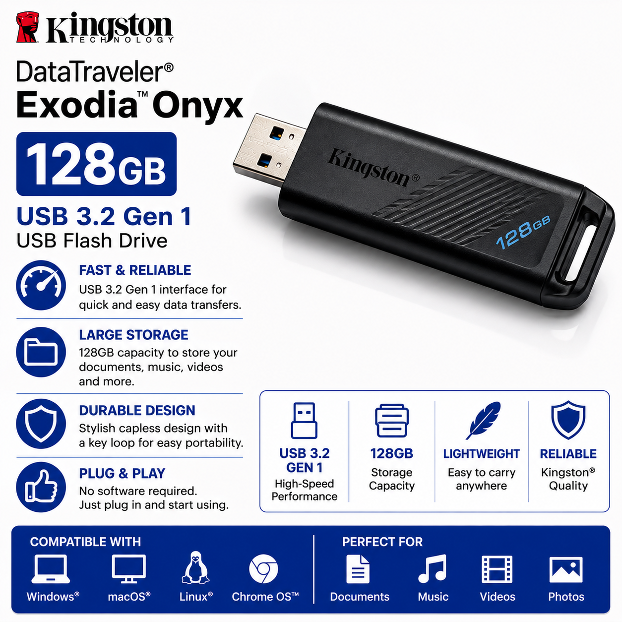 Kingston DataTraveler Exodia Onyx 128GB USB 3.2 Gen 1 USB Flash Drive (DTXON/128GB)