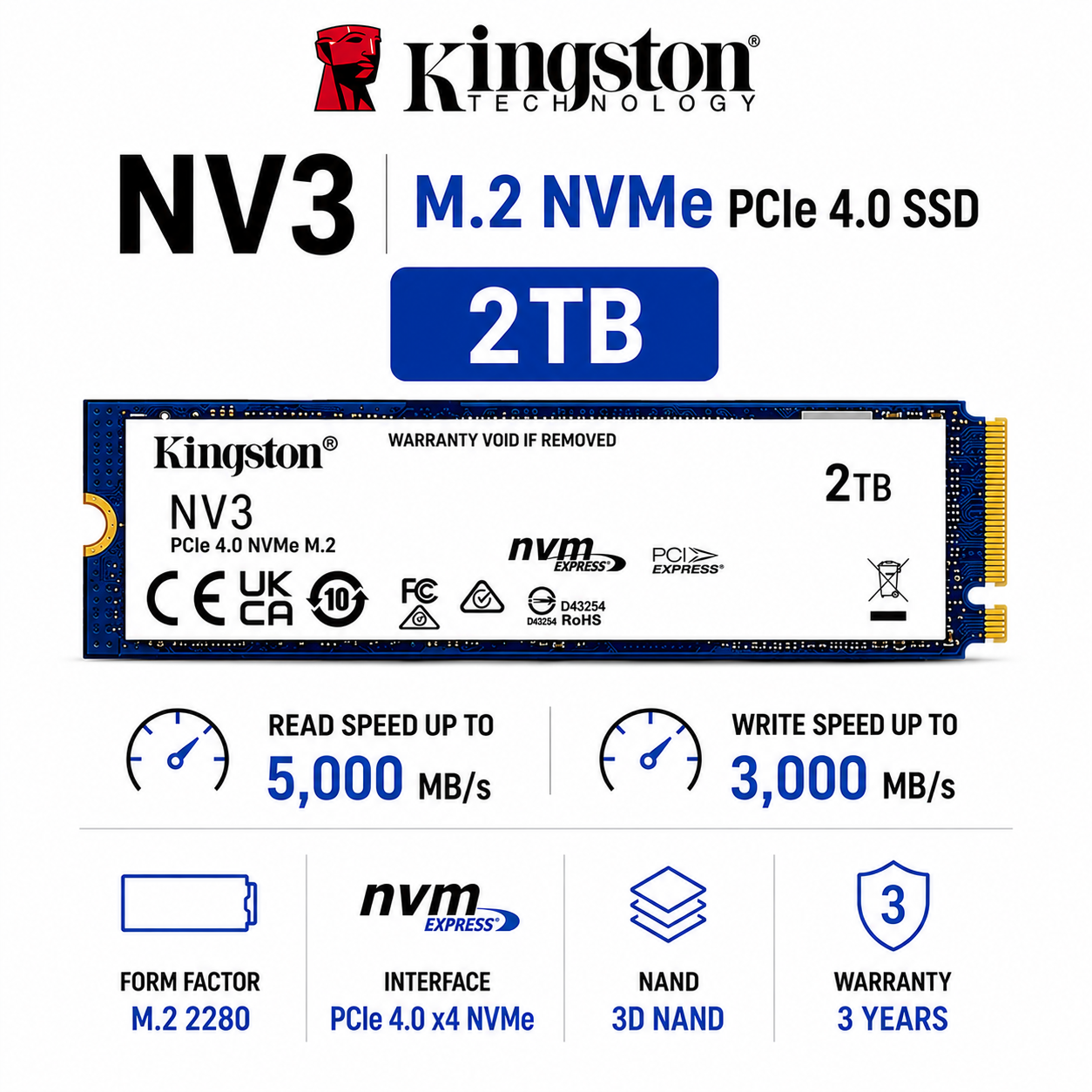 Kingston NV3 M.2 2TB NVMe PCIe 4.0 SSD M.2 (SNV3S/2000G)