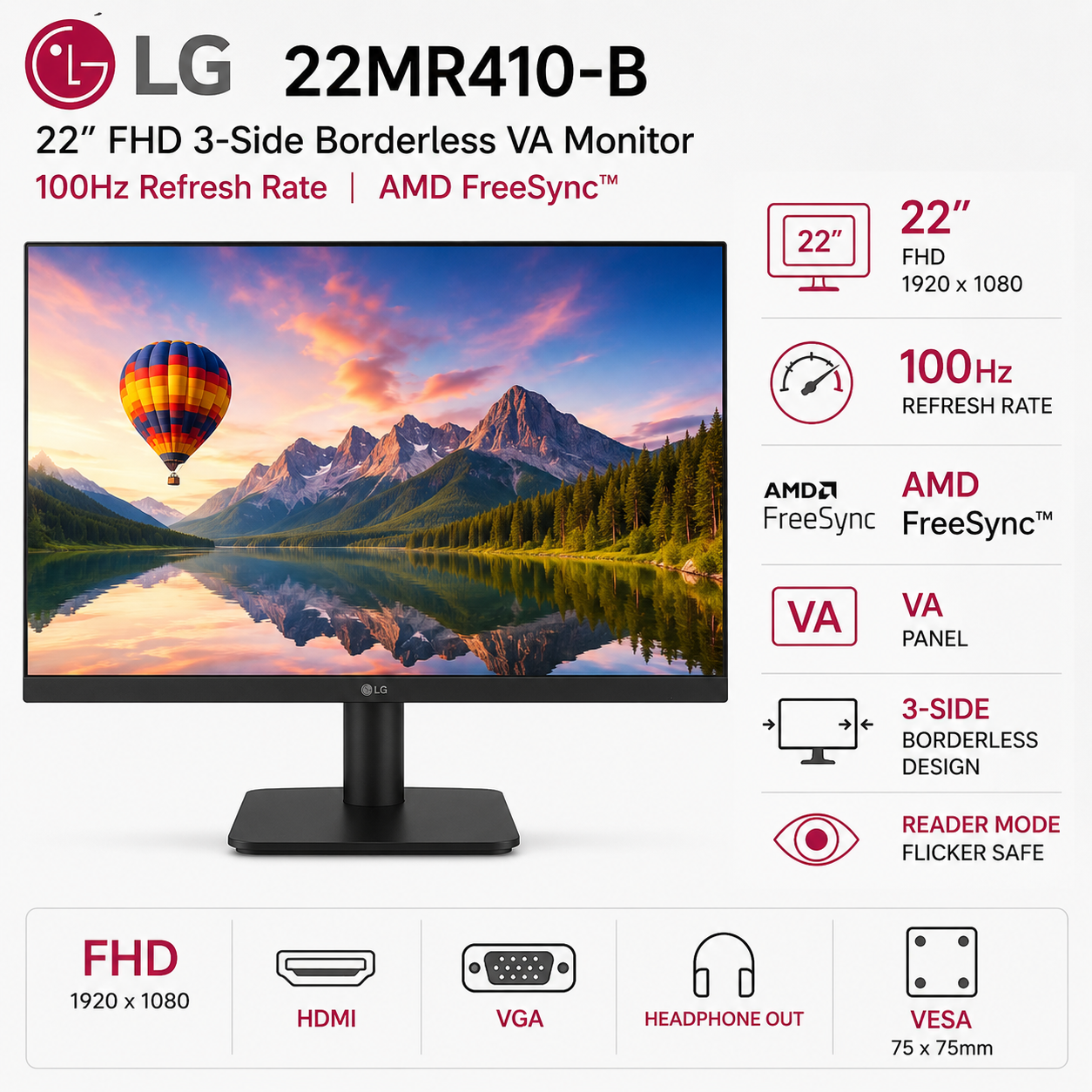 LG 22MR410-B 22" FHD 3-Side Borderless VA 100Hz Monitor With AMD Frees (22MR410-B)