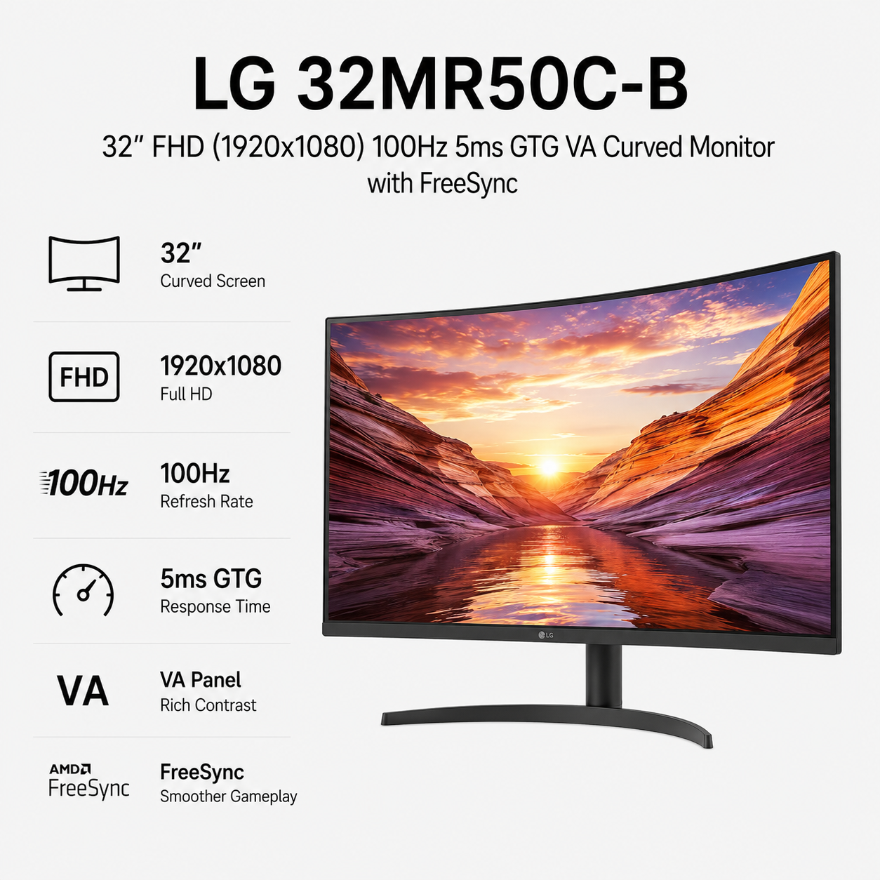 LG 32MR50C-B 32" FHD (1920x1080) 100Hz 5ms GTG VA Curved Monitor with FreeSync (32MR50C-B)