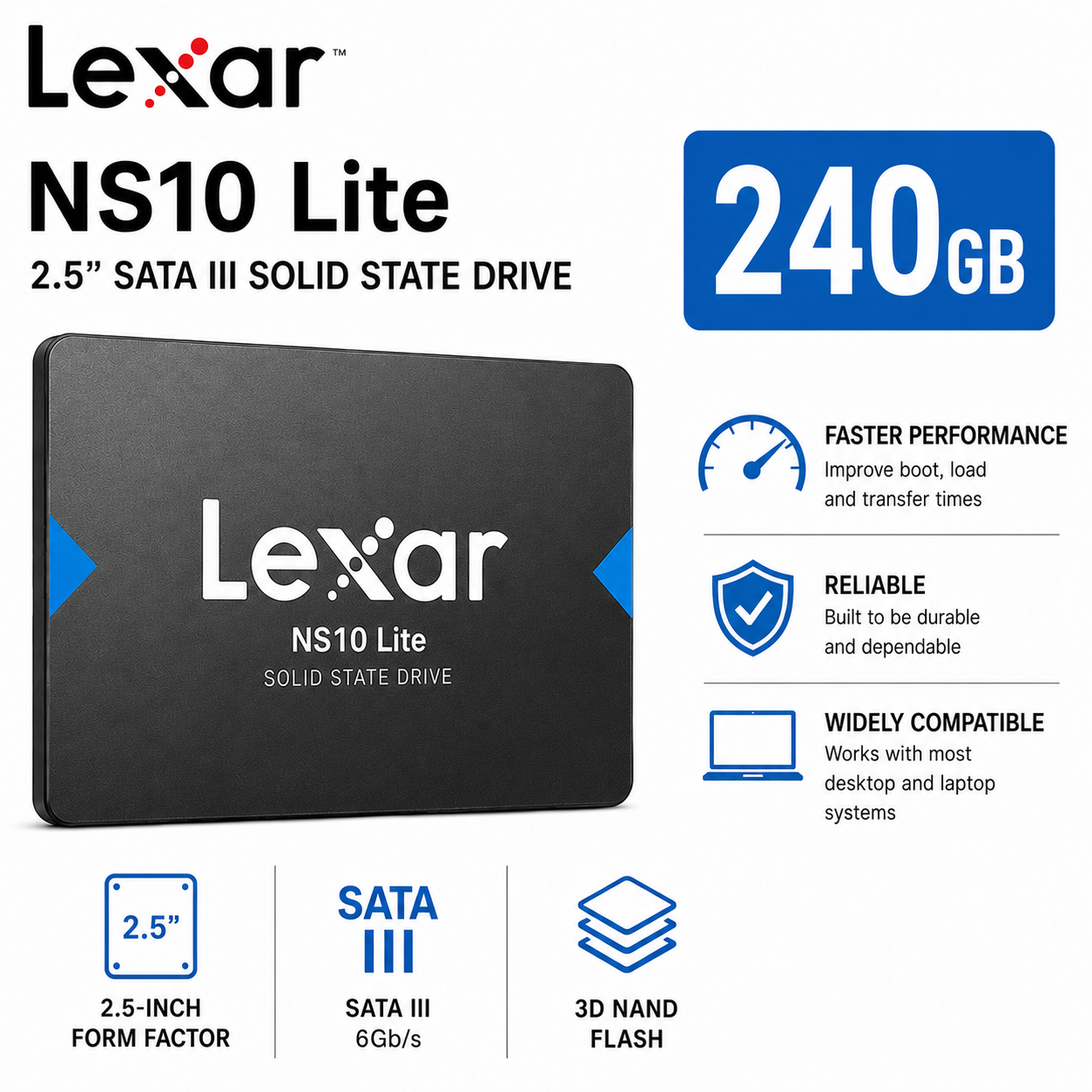 Lexar 240GB Sata III NS10 Lite 2.5" SSD (LNS10LT-240BCN)