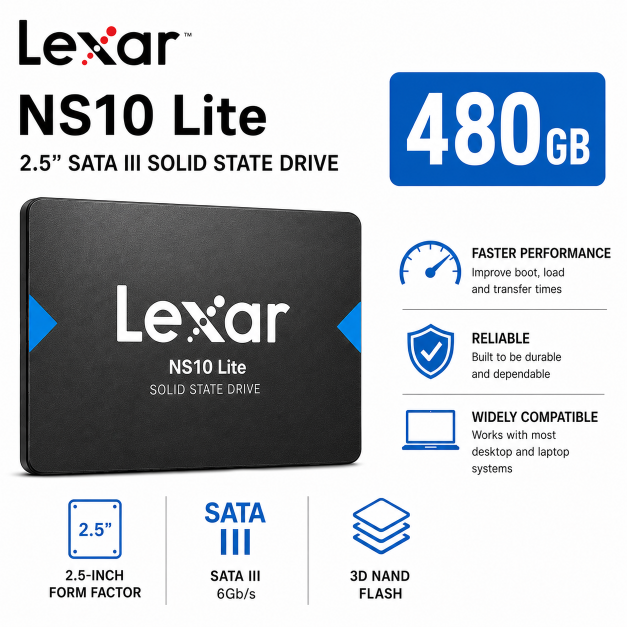 Lexar 480GB Sata III NS10 Lite 2.5" SSD (LNS10LT-480BCN)