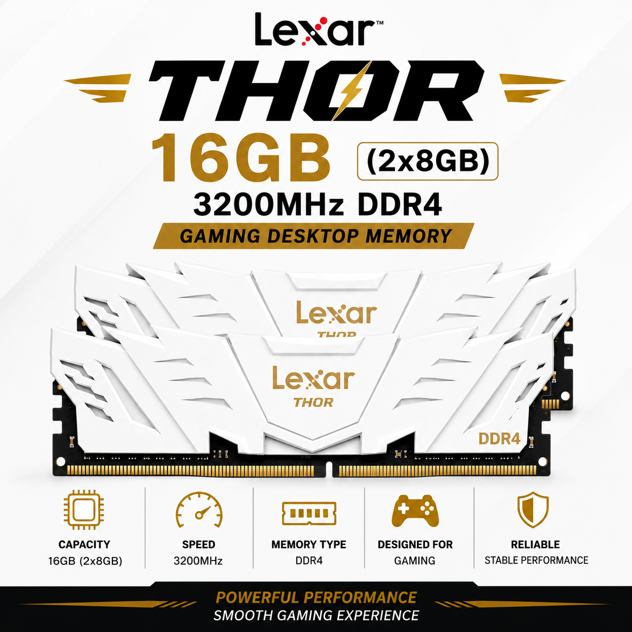Lexar Thor 16GB (2x8GB) 3200Mhz DDR4 Gaming Desktop Memory White (LD4BU008G-R3600GSWG-2X)