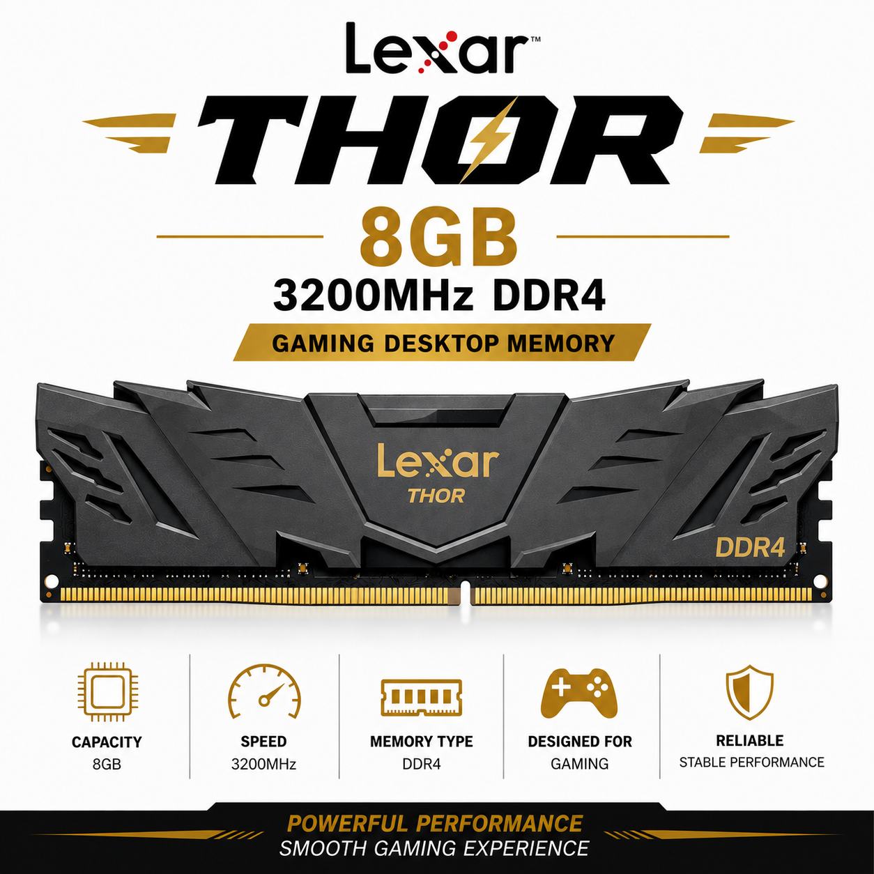 Lexar Thor 8GB 3200Mhz DDR4 Gaming Desktop Memory (LD4BU008G-R3600GSWG)