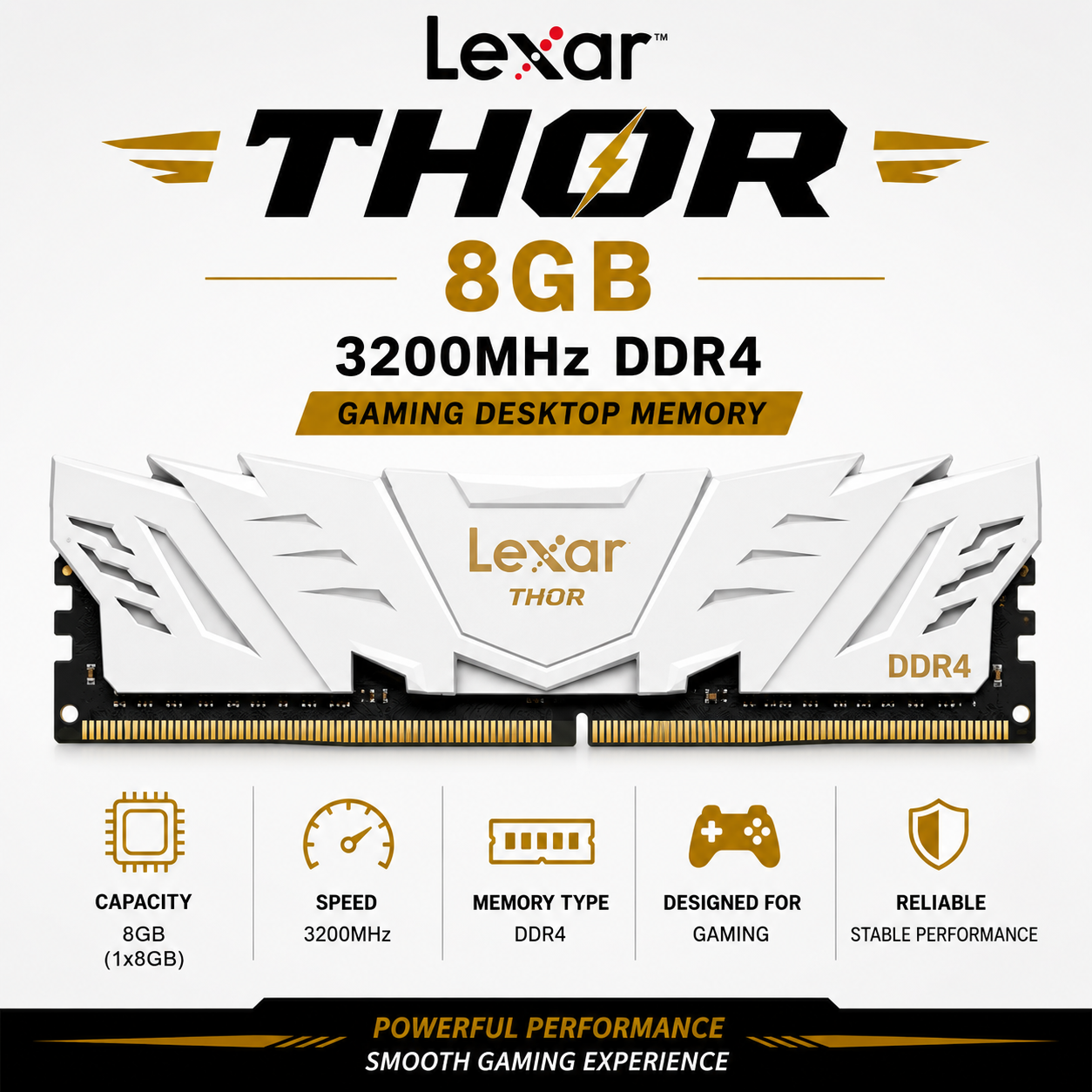 Lexar Thor 8GB (1x8GB) 3200Mhz DDR4 Gaming Desktop Memory White (LD4BU008G-R3200GSXG)