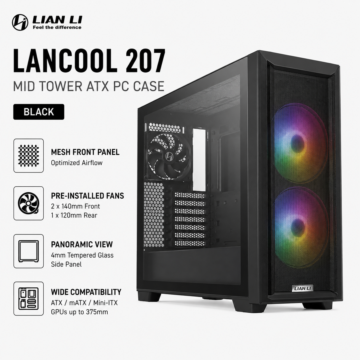 Lian Li Lancool 207 Mid Tower ATX PC Case - Black (LANCOOL207RX-BLACK)