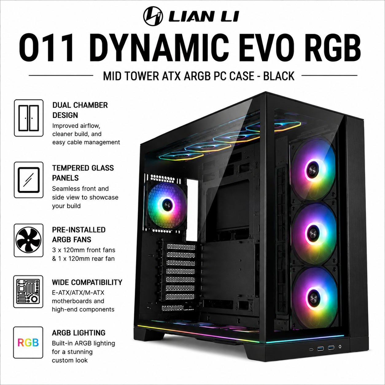 Lian Li O11 Dynamic EVO RGB Mid Tower ATX ARGB PC Case - Black (O11DERGBX)