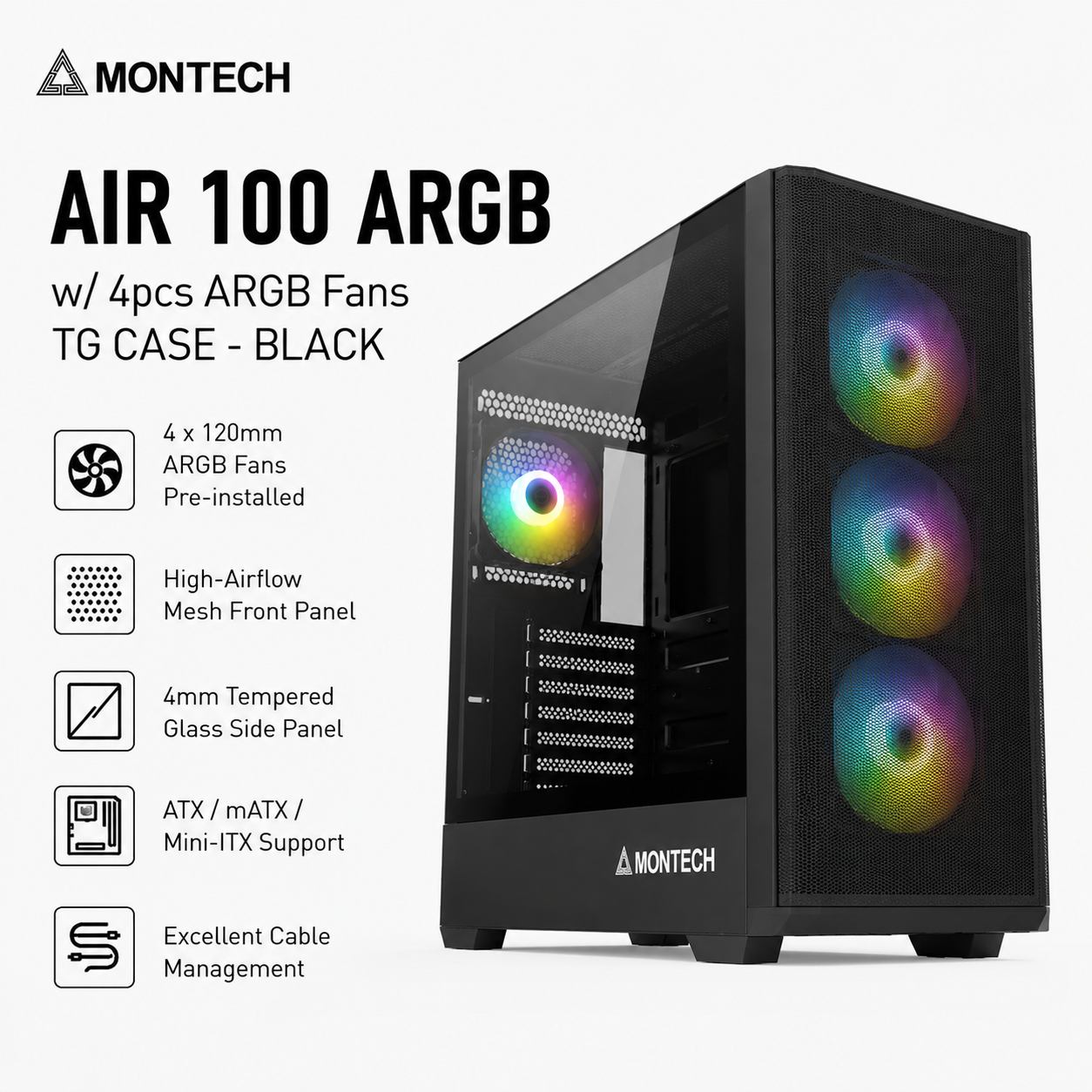 MONTECH AIR 100 ARGB w/4pcs ARGB Fans TG Case - Black (AIR-100-ARGB-B)