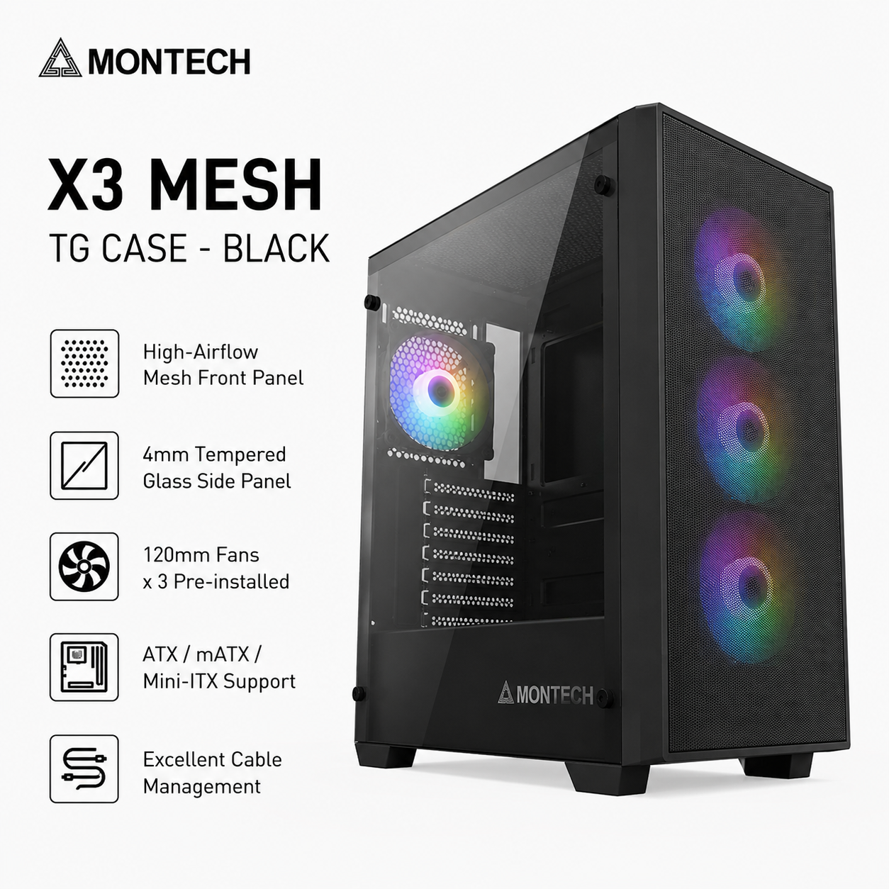 MONTECH X3 Mesh TG Case - Black (X3-MESH-BLACK)