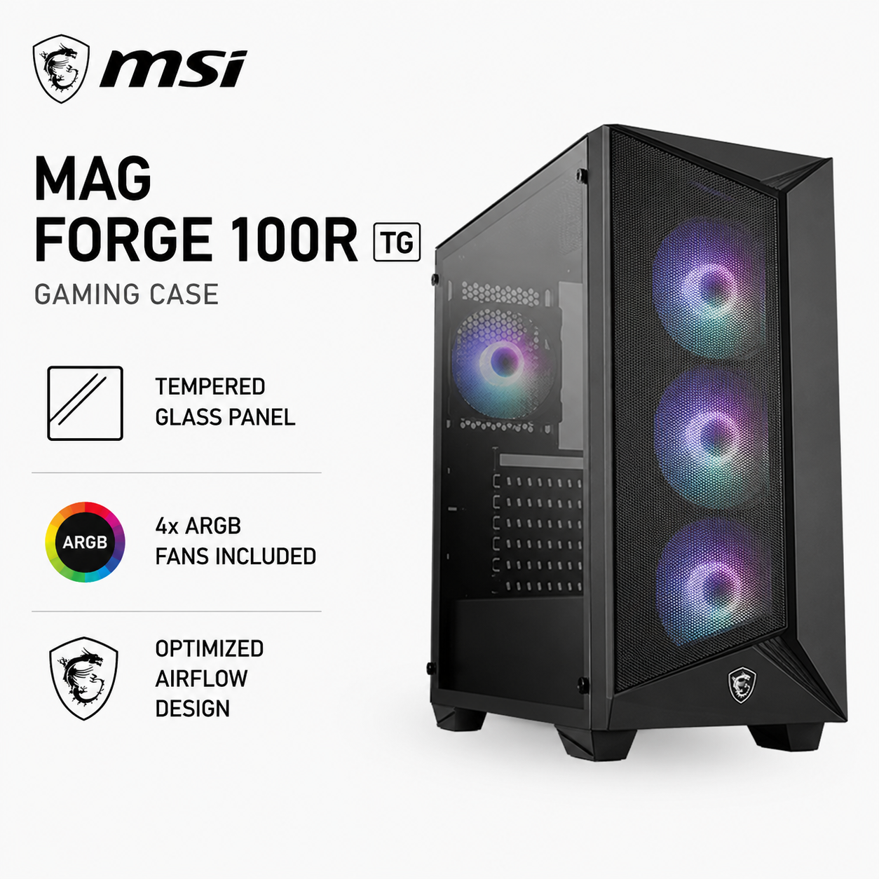 MSI MAG FORGE 100R TG CASE W/4 ARGB FANS (MAG-FORGE-100R)