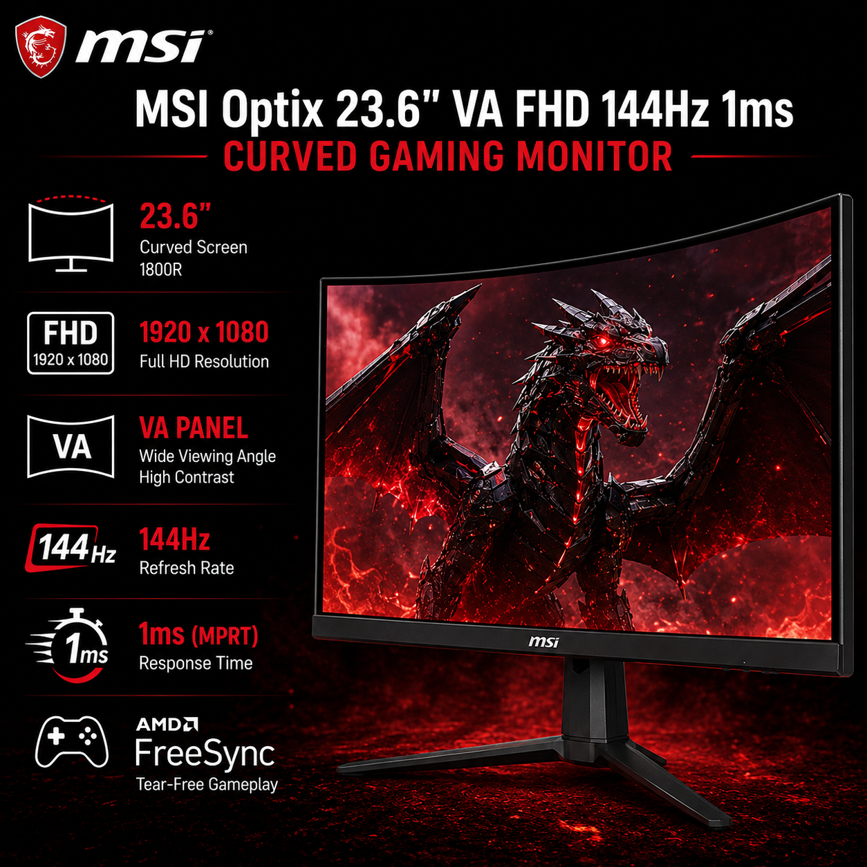 MSI Optix G24C4 23.6" VA FHD 144Hz 1ms Gaming Monitor (G24C4)