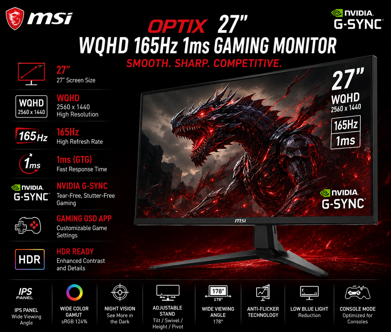 MSI Optix MAG274QRF-QD 27" WQHD 165Hz 1ms Gsync Monitor (MAG274QRF-QD)
