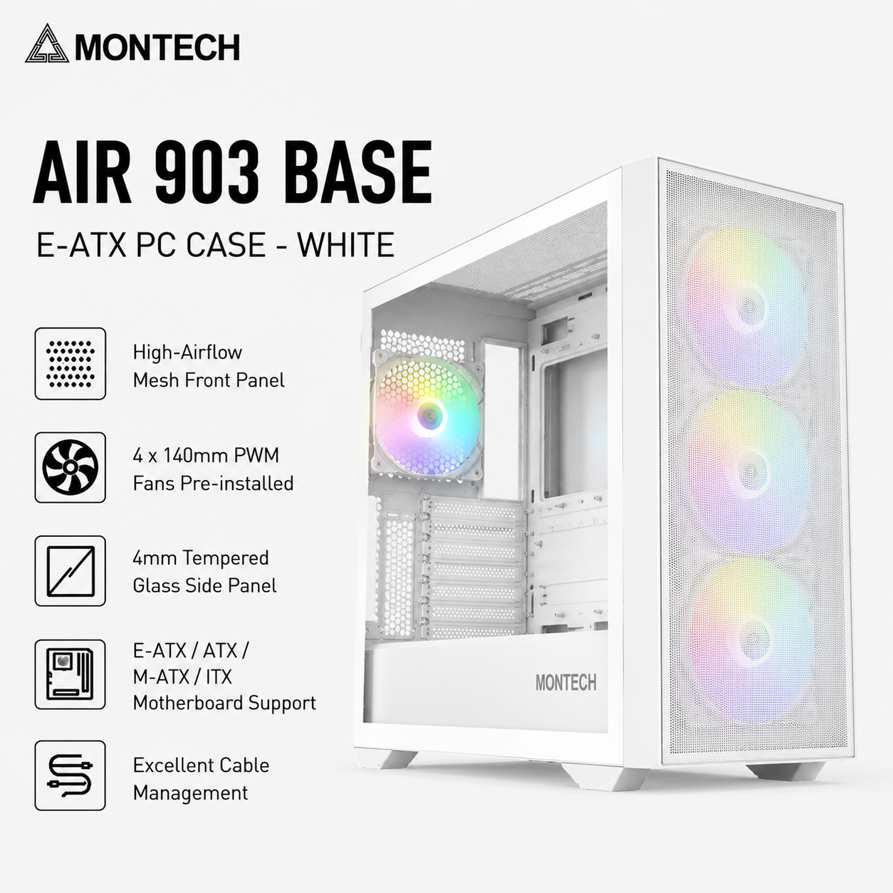 Montech AIR 903 BASE E-ATX With 4 PWM Fans Pc Case White (AIR-903-BASE-WHITE)