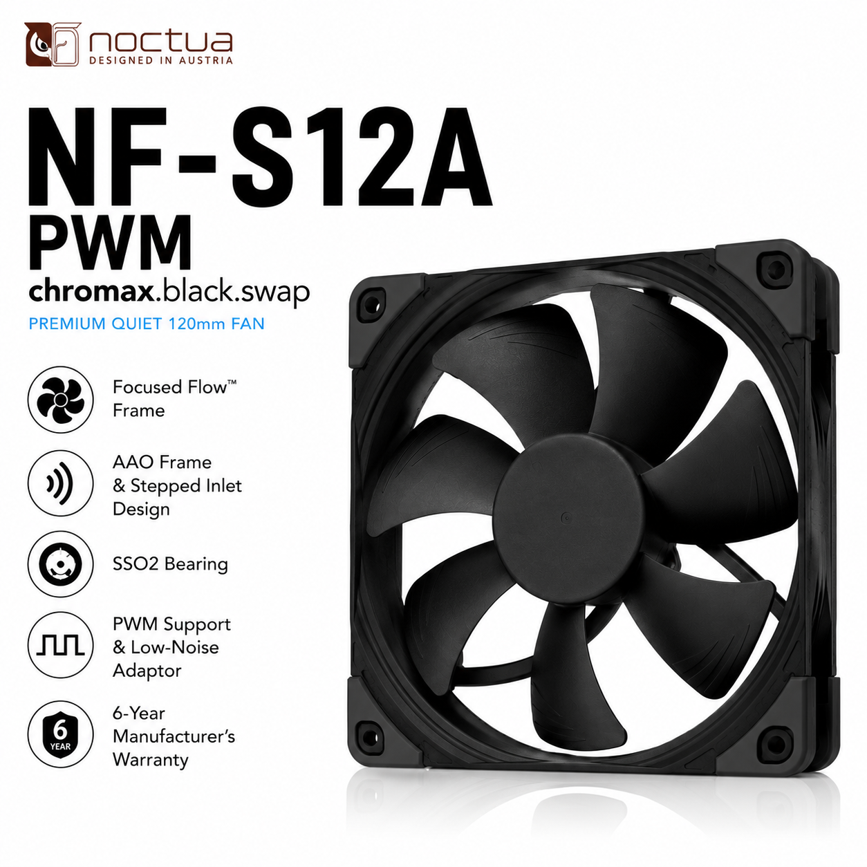 NOCTUA NF-S12A PWM Chromax Black Swap Fan (NF-S12A-PWM-CHROMAX-BLACK-SWAP)