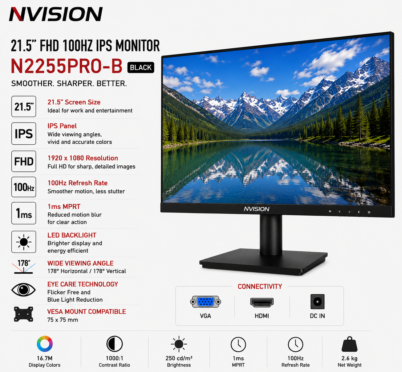 NVISION 21.5" FHD 100HZ IPS Monitor N2255PRO-B Black (N2255PRO-B)