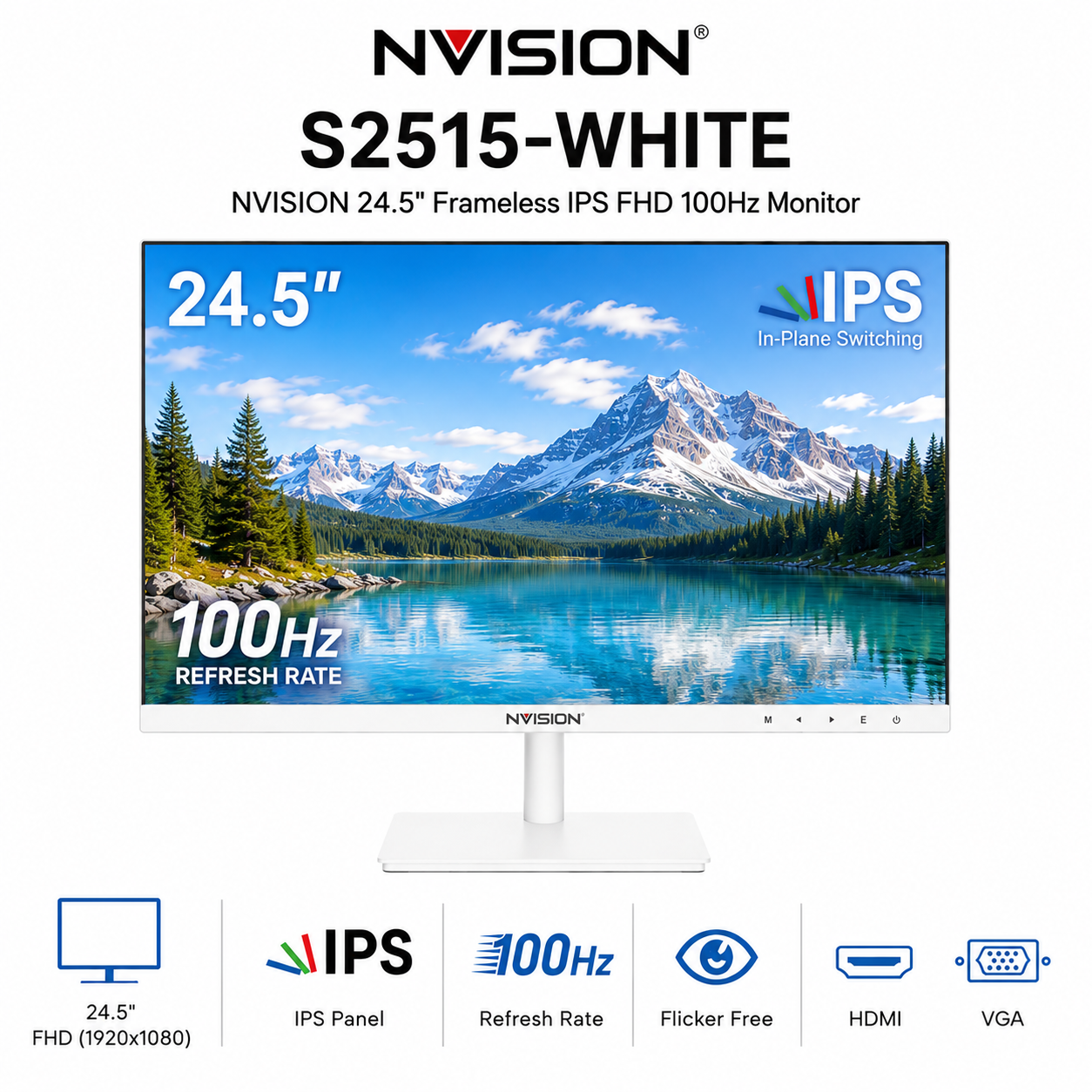 NVISION 24.5" Frameless IPS FHD 100Hz Monitor S2515-White (S2515-W)