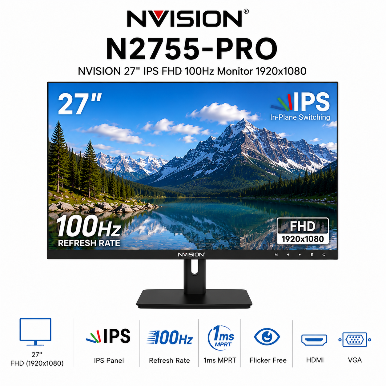 NVISION 27" IPS FHD 100Hz Monitor 1920x1080 N2755-Pro Black (N2755PRO-B)