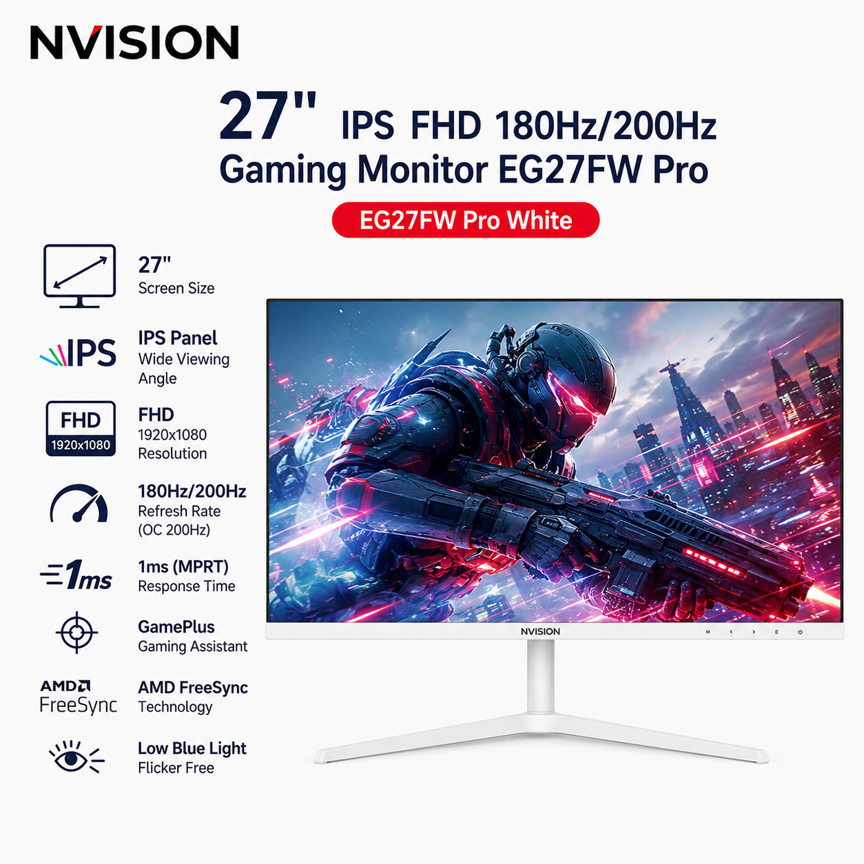 NVISION 27" IPS FHD 180Hz/200Hz Gaming Monitor EG27FW Pro White (EG27FWPRO)