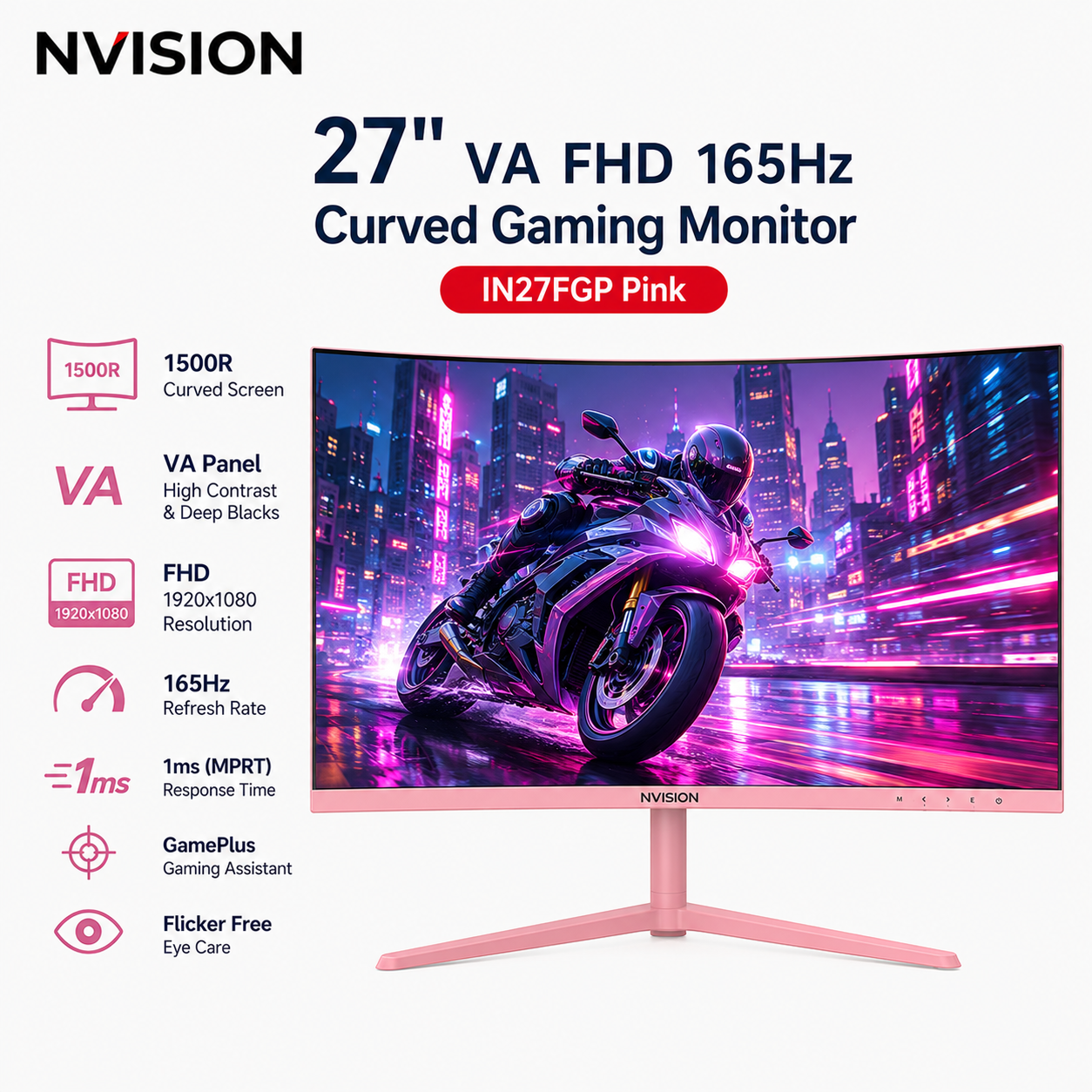 NVISION 27" VA FHD 165Hz Curved Gaming Monitor| IN27FGP Pink (IN27FGP-PINK)