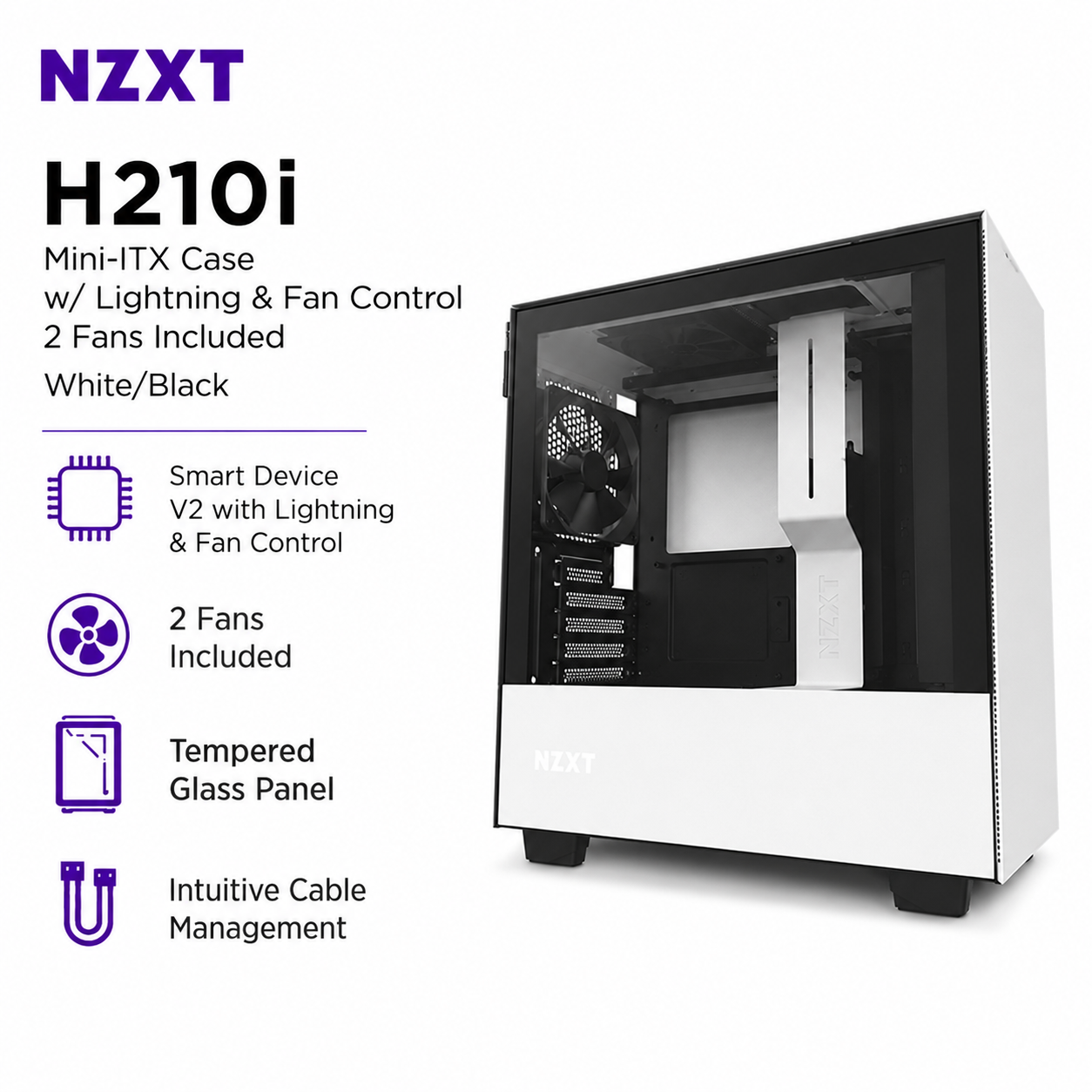 NZXT H210i Mini-ITX Case w/ Lightning & Fan Control 2fans Included - White/Black (CA-H210I-W1)