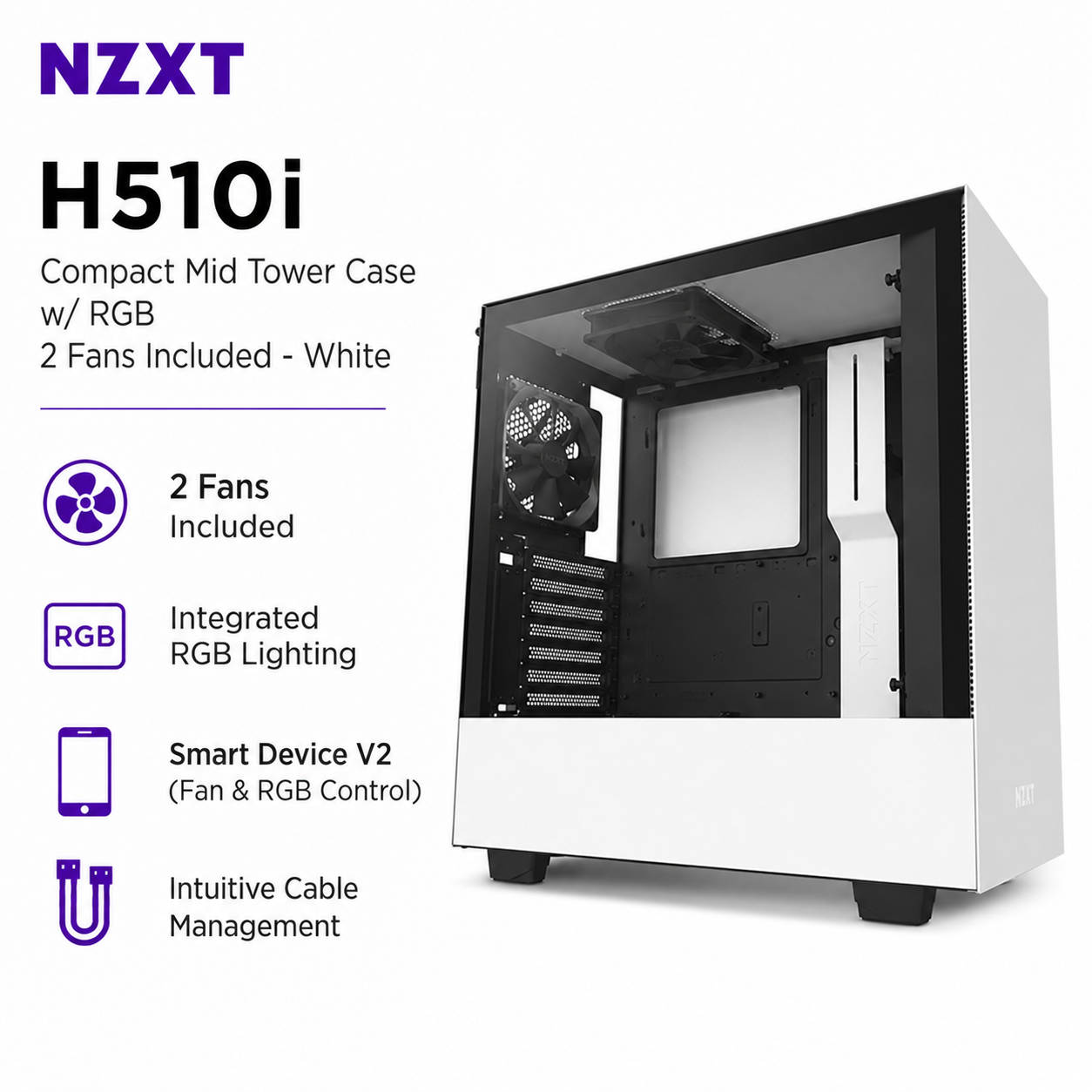 NZXT H510i Compact Mid Tower Case w/ RGB 2Fans Included - White (CA-H510I-W1)