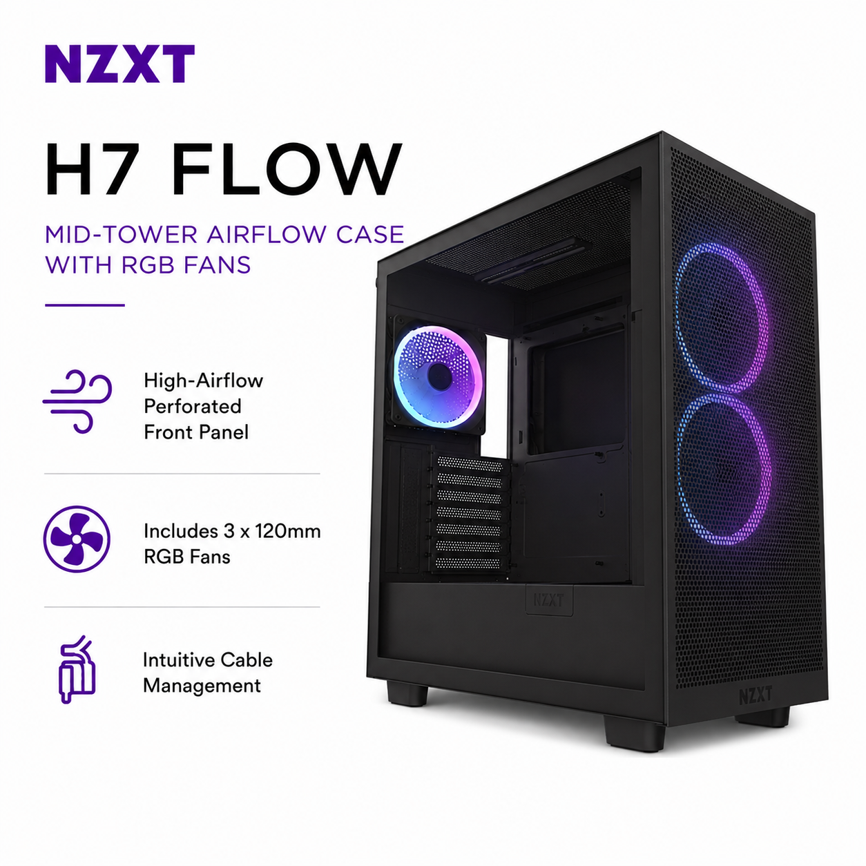 NZXT H7 Flow Mid-Tower Airflow Case With RGB Fans - Matte Black (CM-H71FW-01)