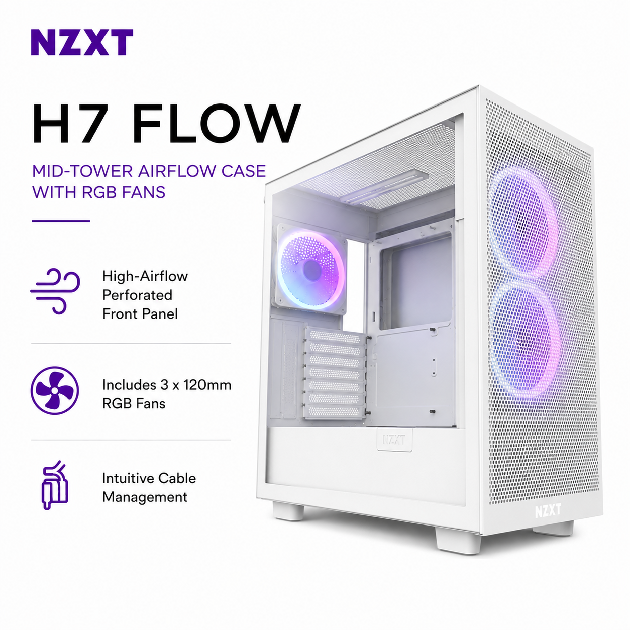 NZXT H7 Flow Mid-Tower Airflow Case With RGB Fans - Matte White (CM-H710B-B1)