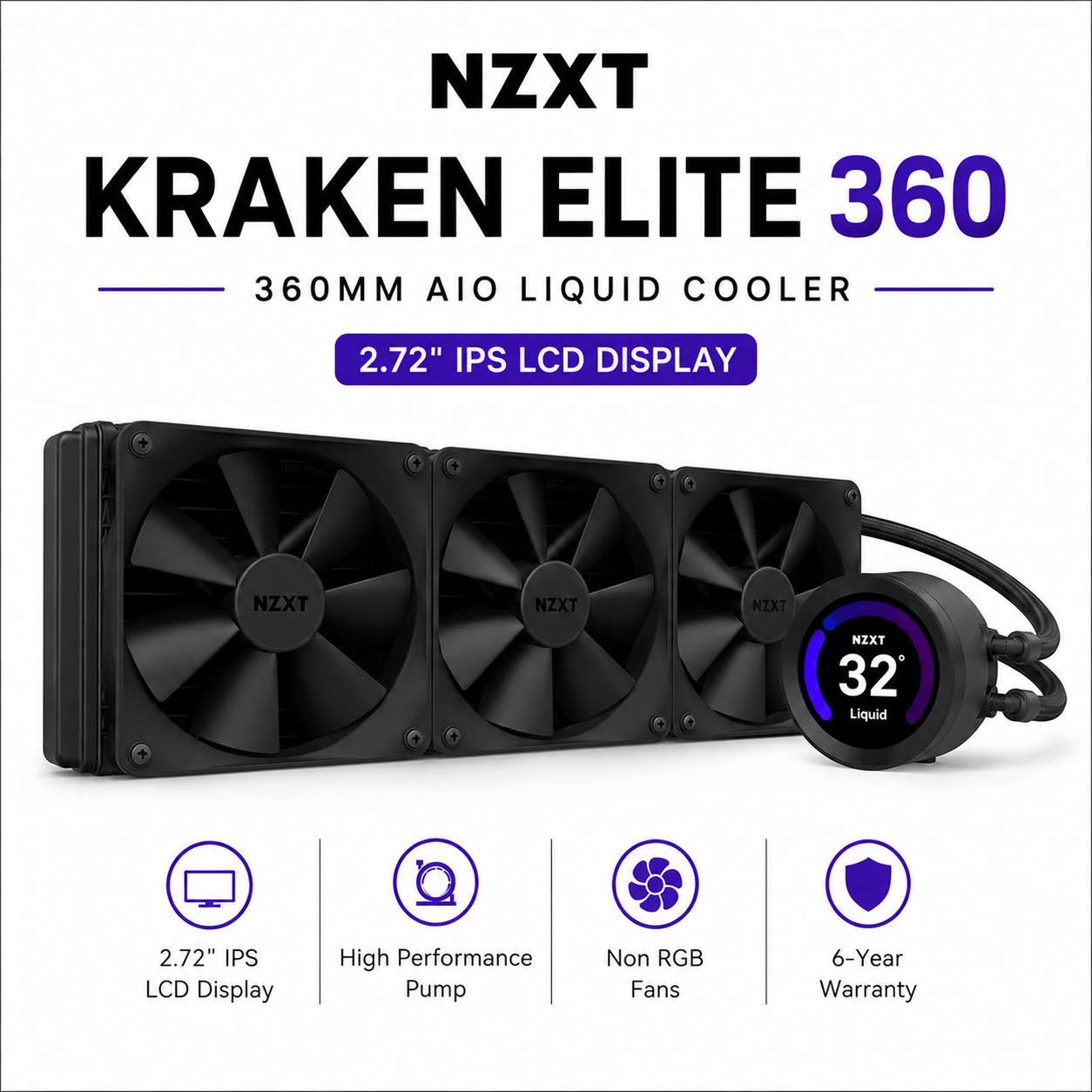 NZXT Kraken Elite 360 Black - 360mm AIO Liquid Cooler with 2.72" IPS LCD & Non RGB Fans (RL-KR36E-W1)
