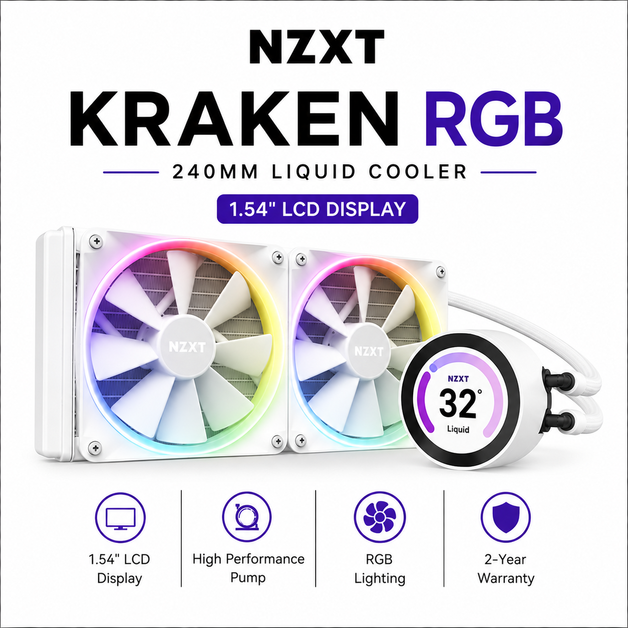 NZXT Kraken RGB 240mm White-1.54" LCD Display with 240x240 Reolution @ 30Hz Refresh Rate (RL-KR360-B1)