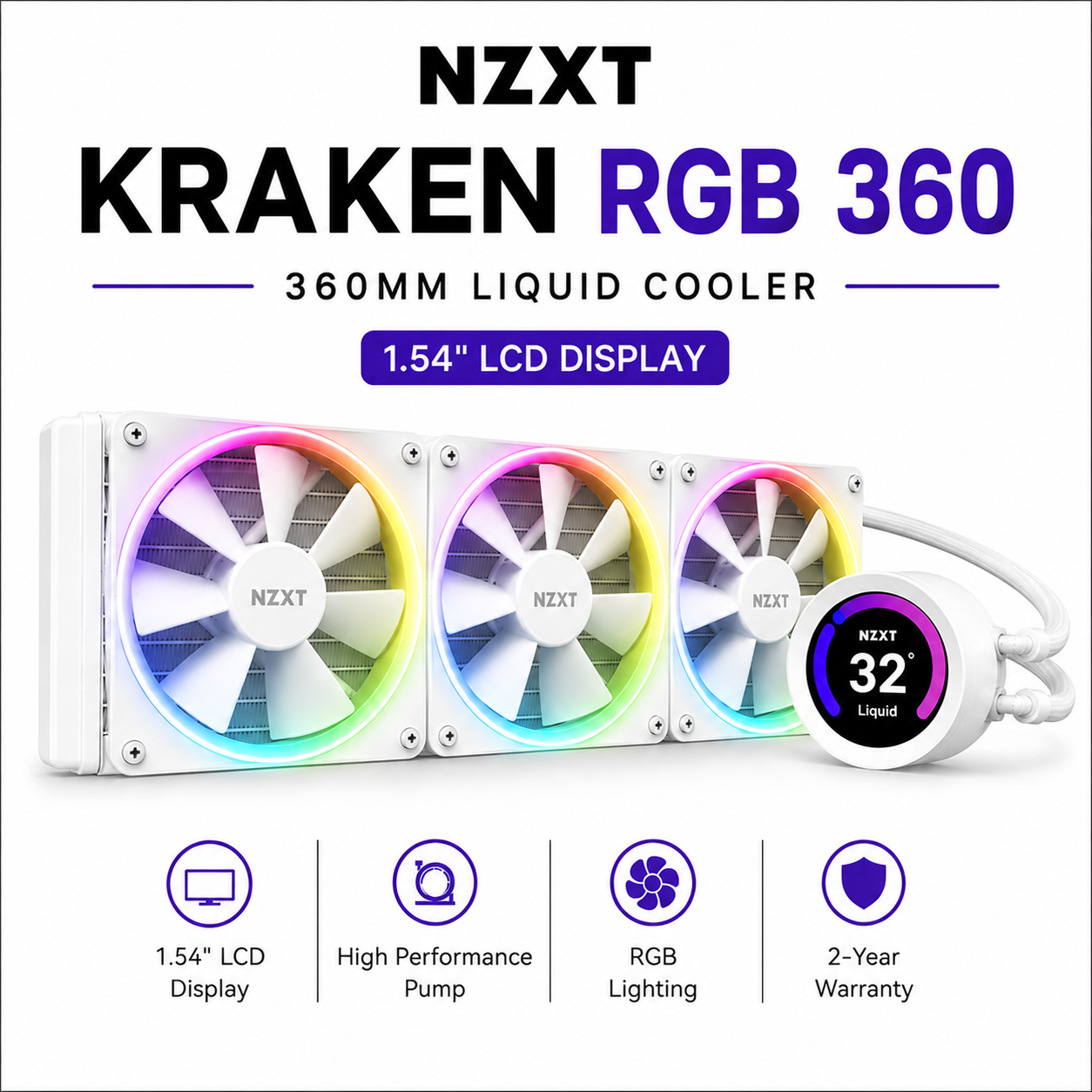 NZXT Kraken RGB 360mm White - 1.54" LCD Display with 240x240 Reolution @ 30Hz Refresh Rate (RL-KRX53-RW)