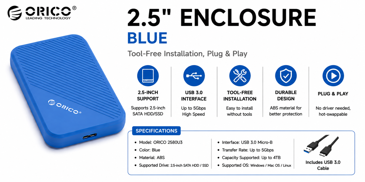 ORICO ENCLOSURE 2.5" BLUE (2588US3-V1-OR-BP)