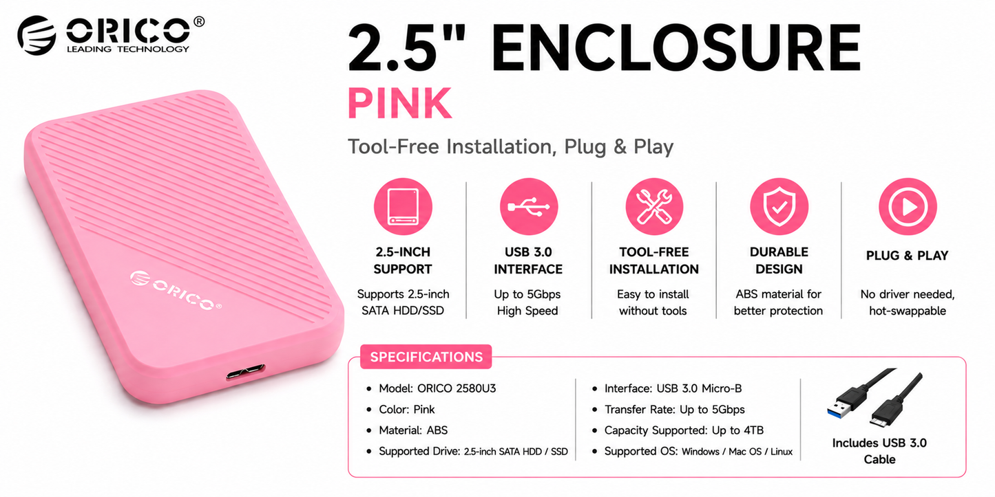 ORICO ENCLOSURE 2.5" PINK (DS200U3-US-BK-BP)