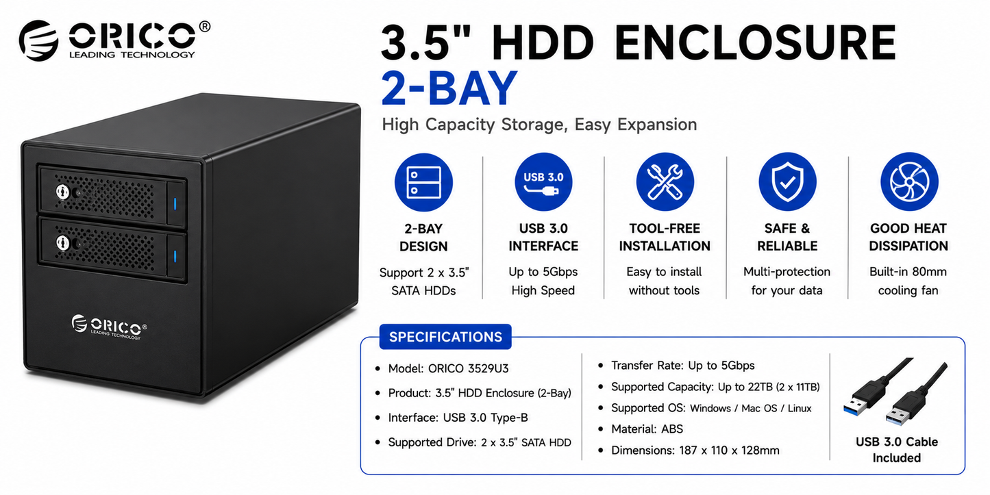 ORICO ENCLOSURE 3.5" 2BAY (AM2C3-2SN-GY-BP)
