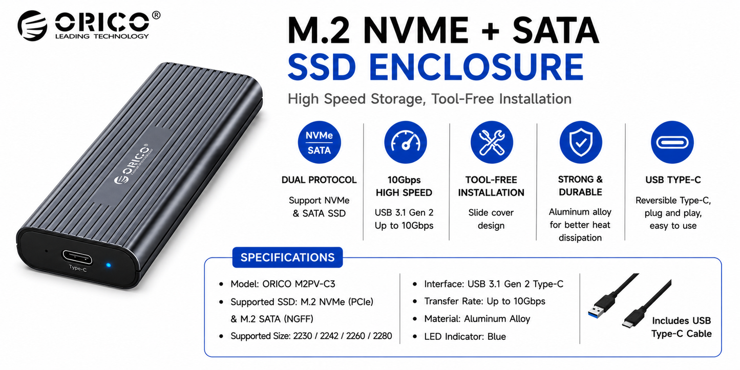 ORICO ENCLOSURE M.2 NVME+SATA (MDK-10P-BK-BP)