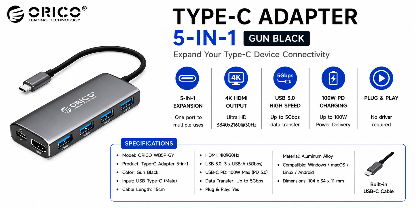 ORICO TYPEC ADAPTER 5IN1 GUN BLACK (XC-R45-V1-BK-BP)