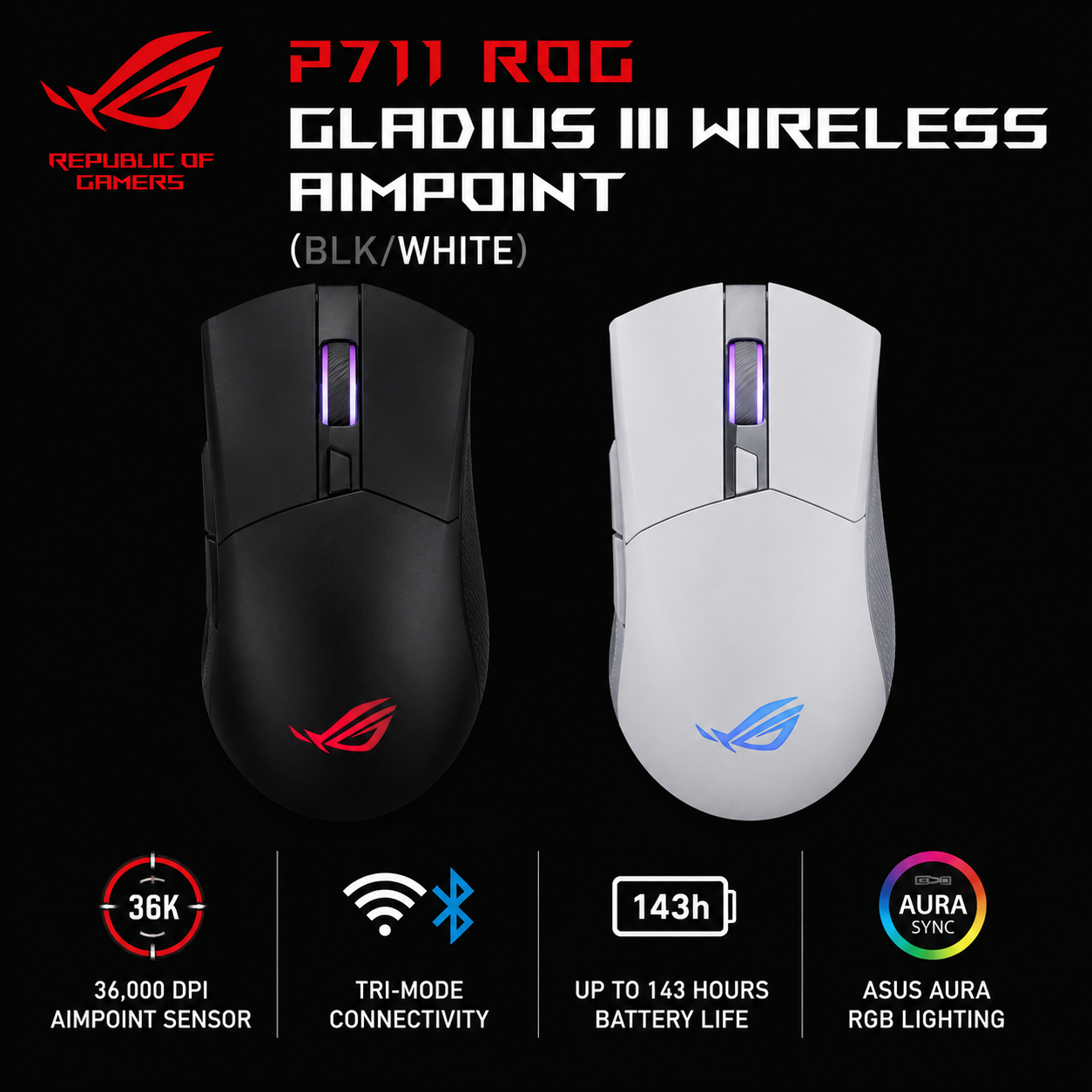 P711 ROG GLADIUS III WIRELESS AIMPOINT(BLK/WHITE) (P713-ROG-HARPE-ACE-AIM-LAB)