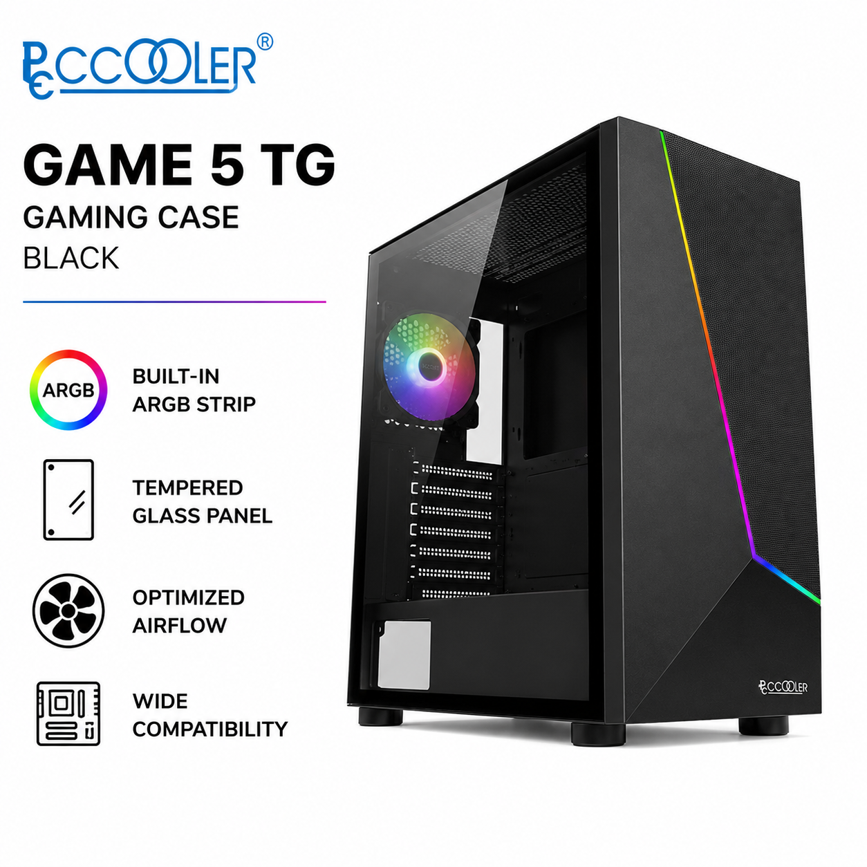 PC COOLER Game 5 TG Gaming Case Black ( Built in ARGB Strip) (PH-EC360ATG_DBK02)