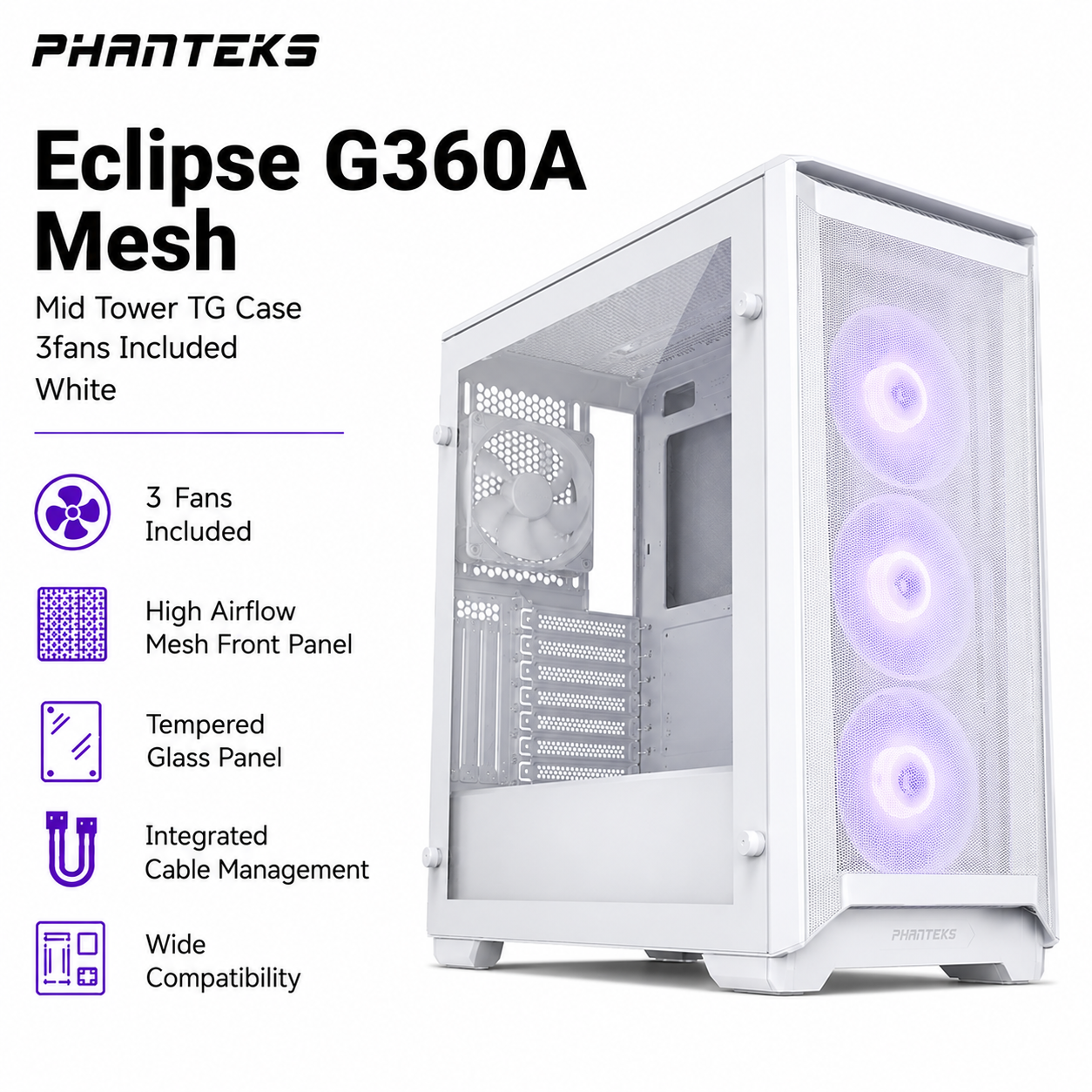 PHANTEKS Eclipse G360A Mesh Mid Tower TG Case 3fans Included - White (PH-EC500GA_DBK01A)