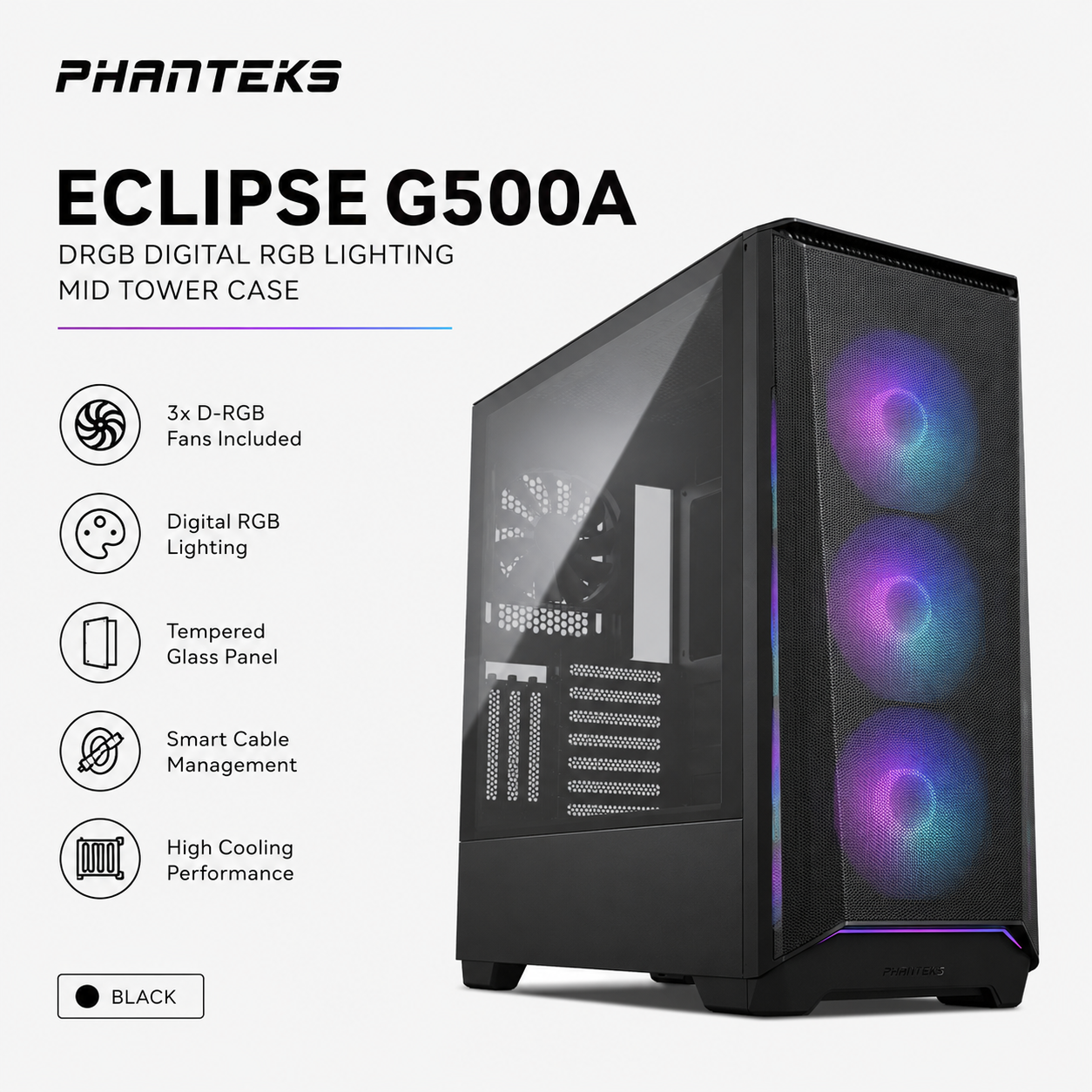 PHANTEKS Eclipse G500A DRGB Digital RGB Lightning Mid Tower TG Case 3fans Included - Black (PH-EC500GA_DMW01A)