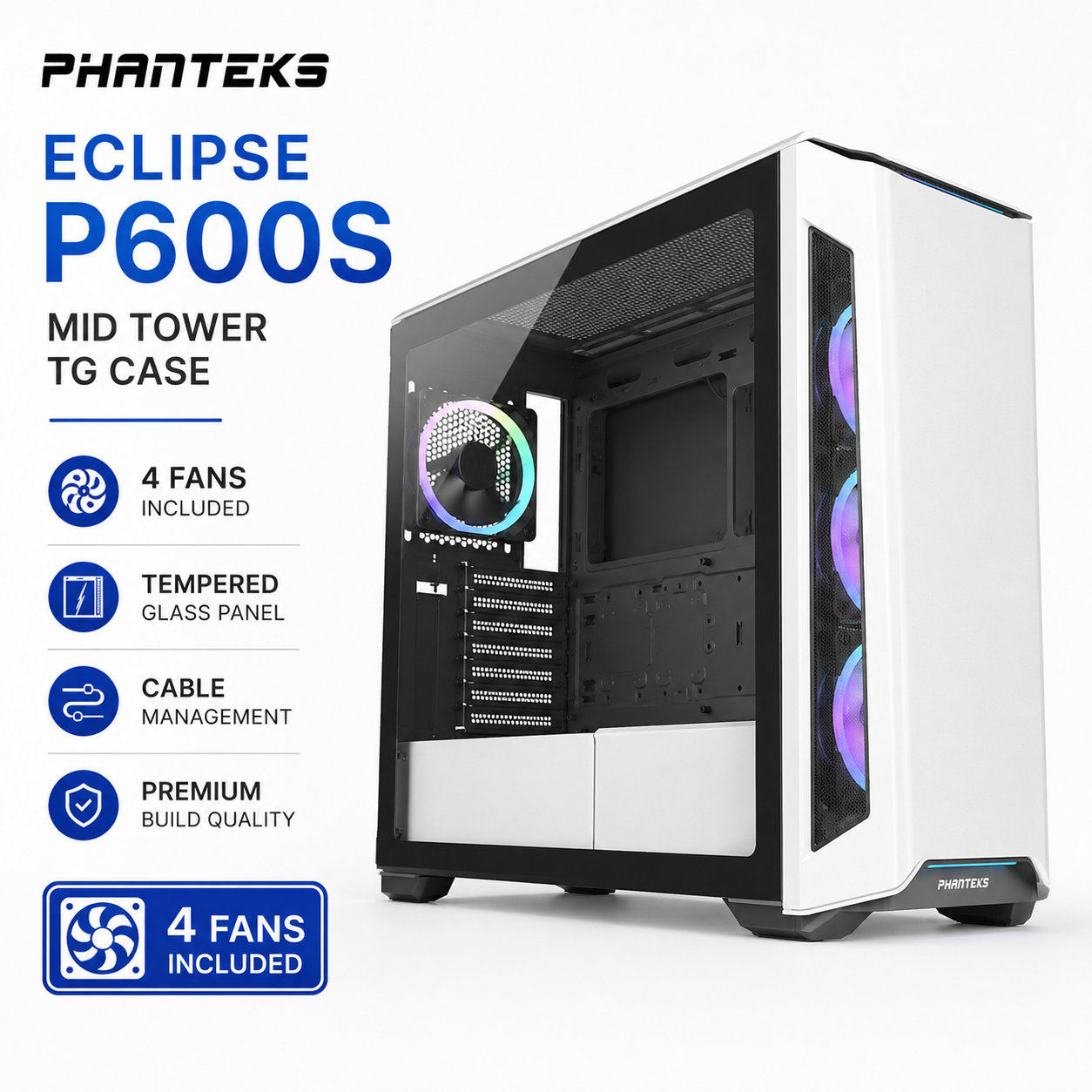 PHANTEKS Eclipse P600S Mid Tower TG Case 4fans Included - Glacier White (PH-EC600PSTG_DMW01)