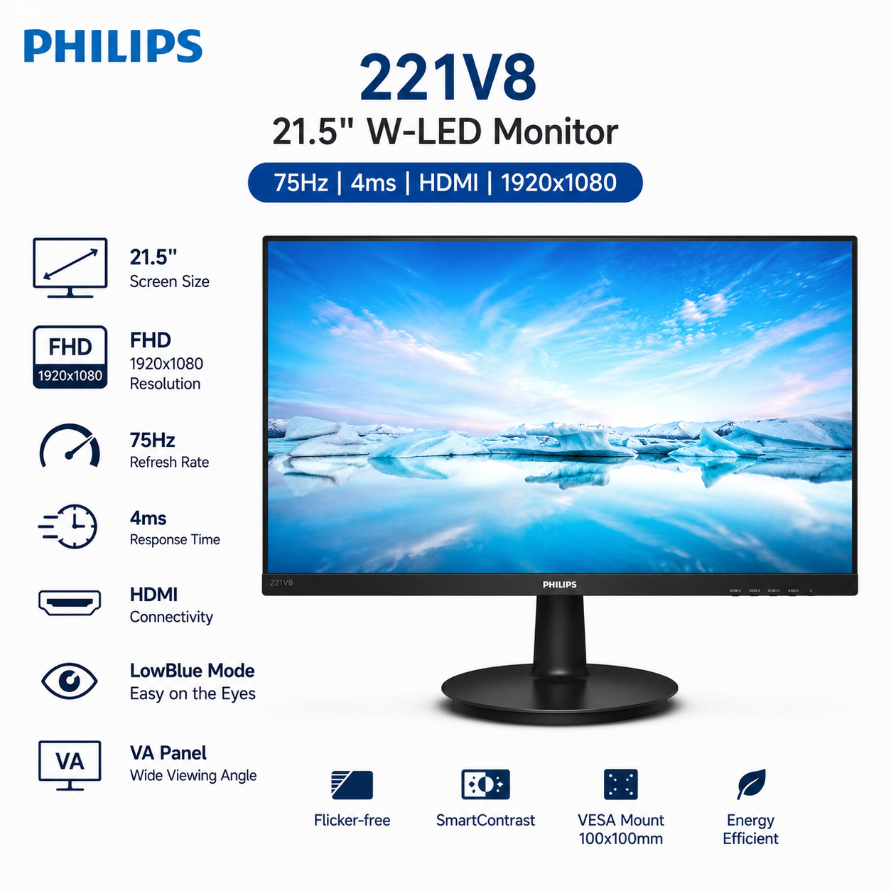 Philips 221V8 21.5 " W- LED 75hz 4ms HDMI 1920x1080 Monitor (271V8B)