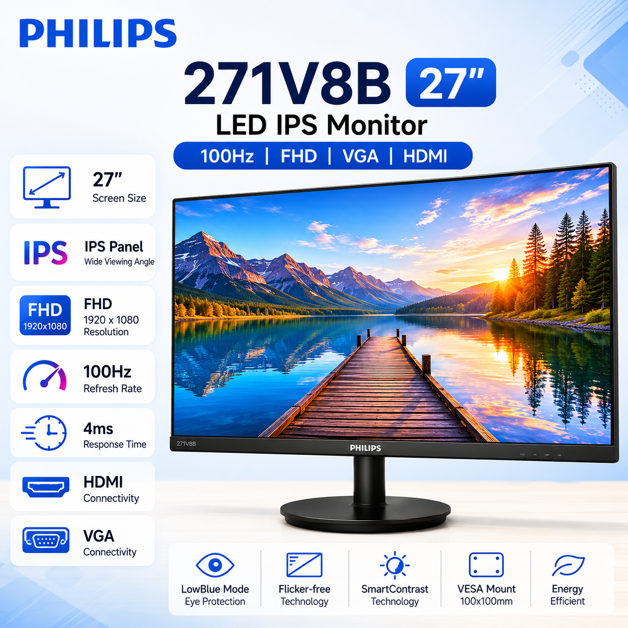Philips 271V8B 27" LED IPS 100hz FHD/FS, vga HDMI (POWER-CORD)