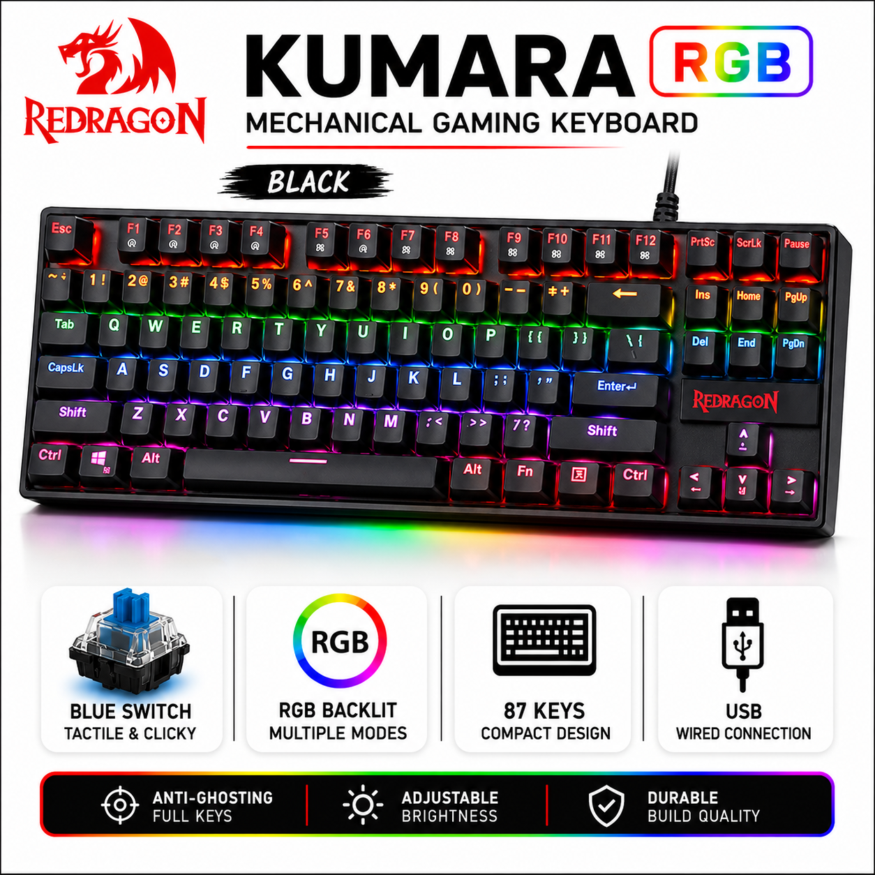 REDRAGON KUMARA RGB MECHANICAL GAMING KEYBOARD BLACK (COMBO3IN1)