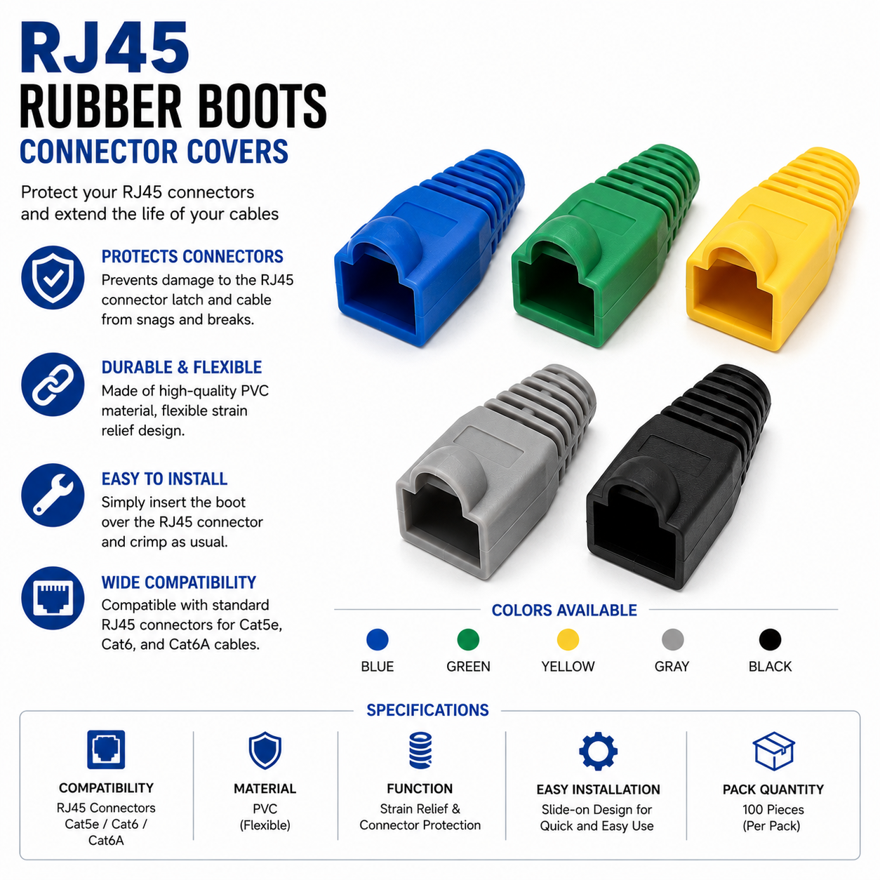 RJ45 Rubber Boots Connectors (blue green yellow gray black) (ROG-EXTENDED-MOUSEPAD)