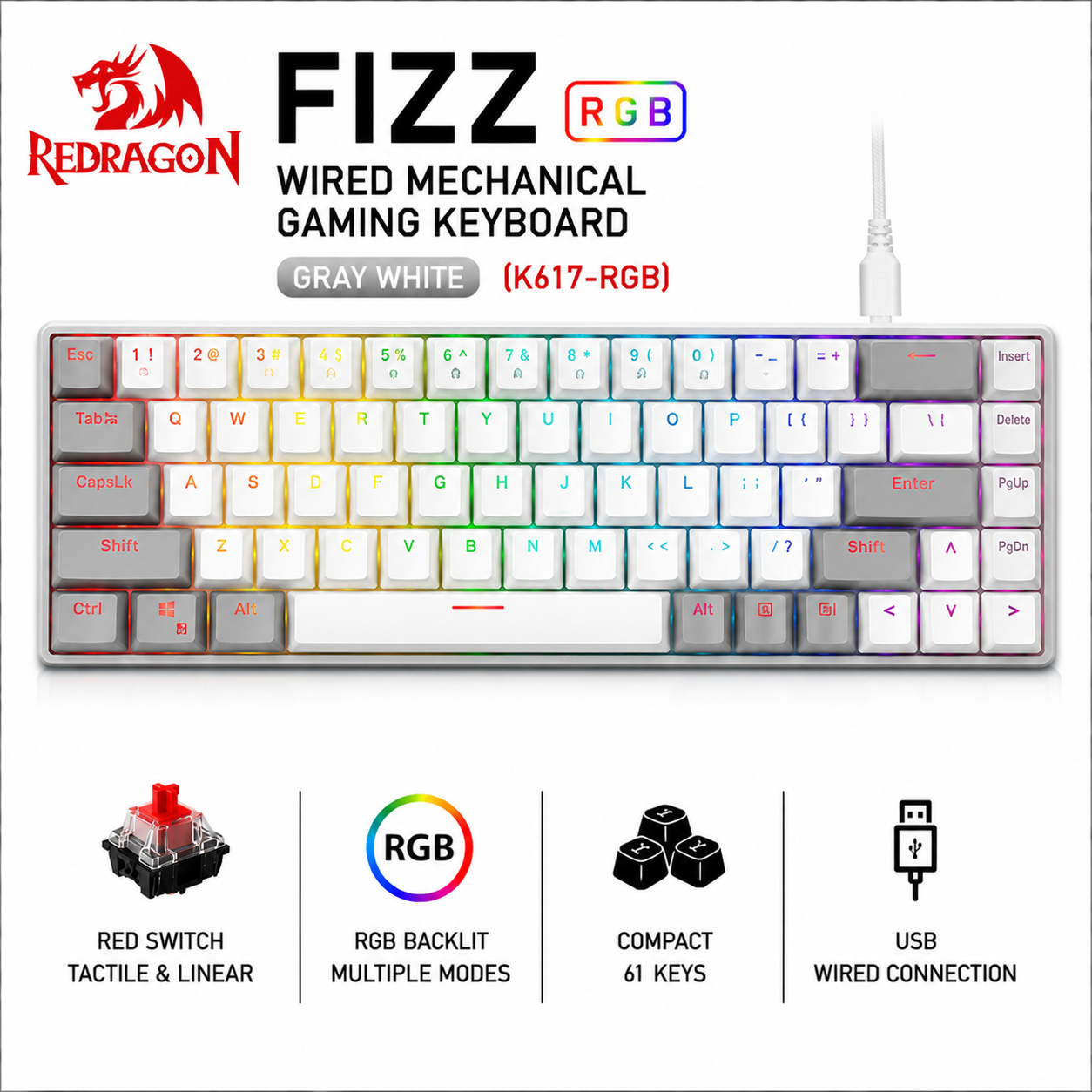 Redragon Fizz RGB Wired Mechanical Gaming Keyboard (Gray White) (K617-RGB) (GS514)