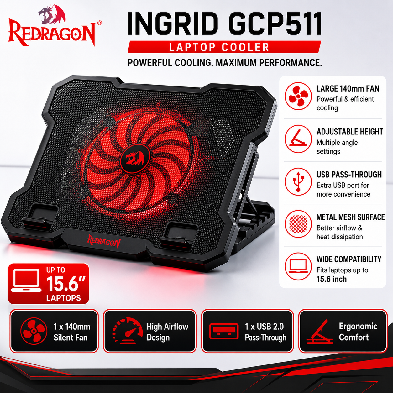 Redragon Ingrid GCP511 Laptop Cooler Black (K552-BB-2)